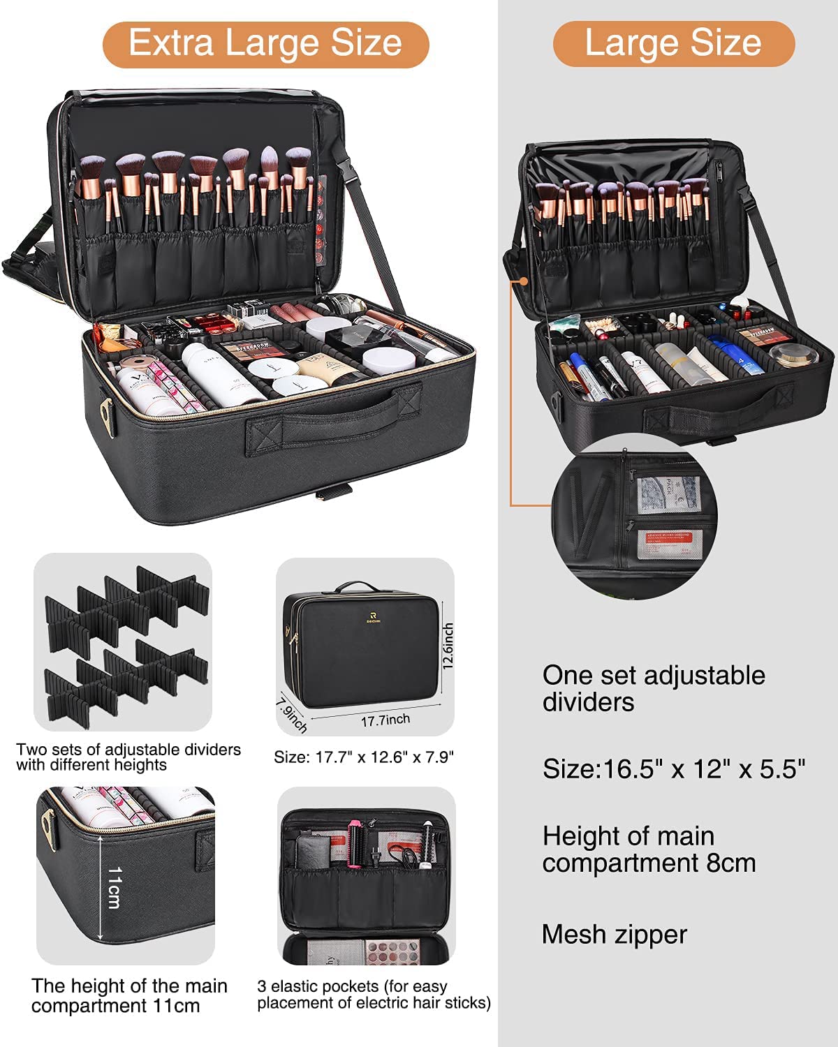 Relavel Extra Large Makeup Case Travel Makeup Bag Professional Leather Artist Bag Portable Cosmetic Brush Holder Organizer Nail Organizer Box with Adjustable Dividers
