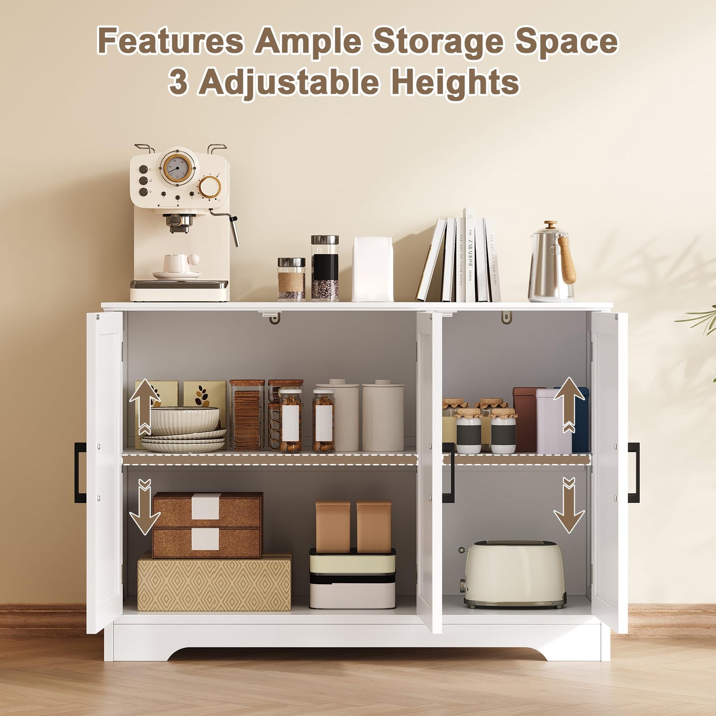 ChooChoo Modern Sideboard Buffet Cabinet, Coffee Bar Storage Cabinet with Doors and Adjustable Shelves, Kitchen Storage Cabinet for Dining Room, Living Room, White