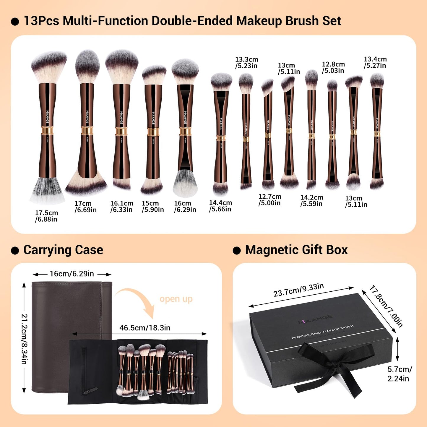 MAANGE Makeup Brush Set with Gift Box, Double-ended Makeup Brushes for Foundation Contour Powder Concealer Eyeshadows Blending, Makeup Tools, Mothers Day Gifts (Coffee Brown, 13 PCS)