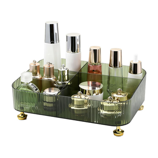 DASITON Makeup Organizer Countertop for Vanity, 5 Slots Makeup Brush Holder Organizer, Vintage Makeup Perfume Tray Cosmetic and Skincare Organizers for Bedroom Bathroom Counter, Desk Storage (Green)