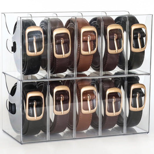 Rusnugic Belt Organizer - 2 Pack Clear Stackable Belt holder For Closet Drawer Storage - 5 Compartments with Removable Dividers, Multi-Purpose Display Bins With Inserts For Ties,Socks,underwear (2)