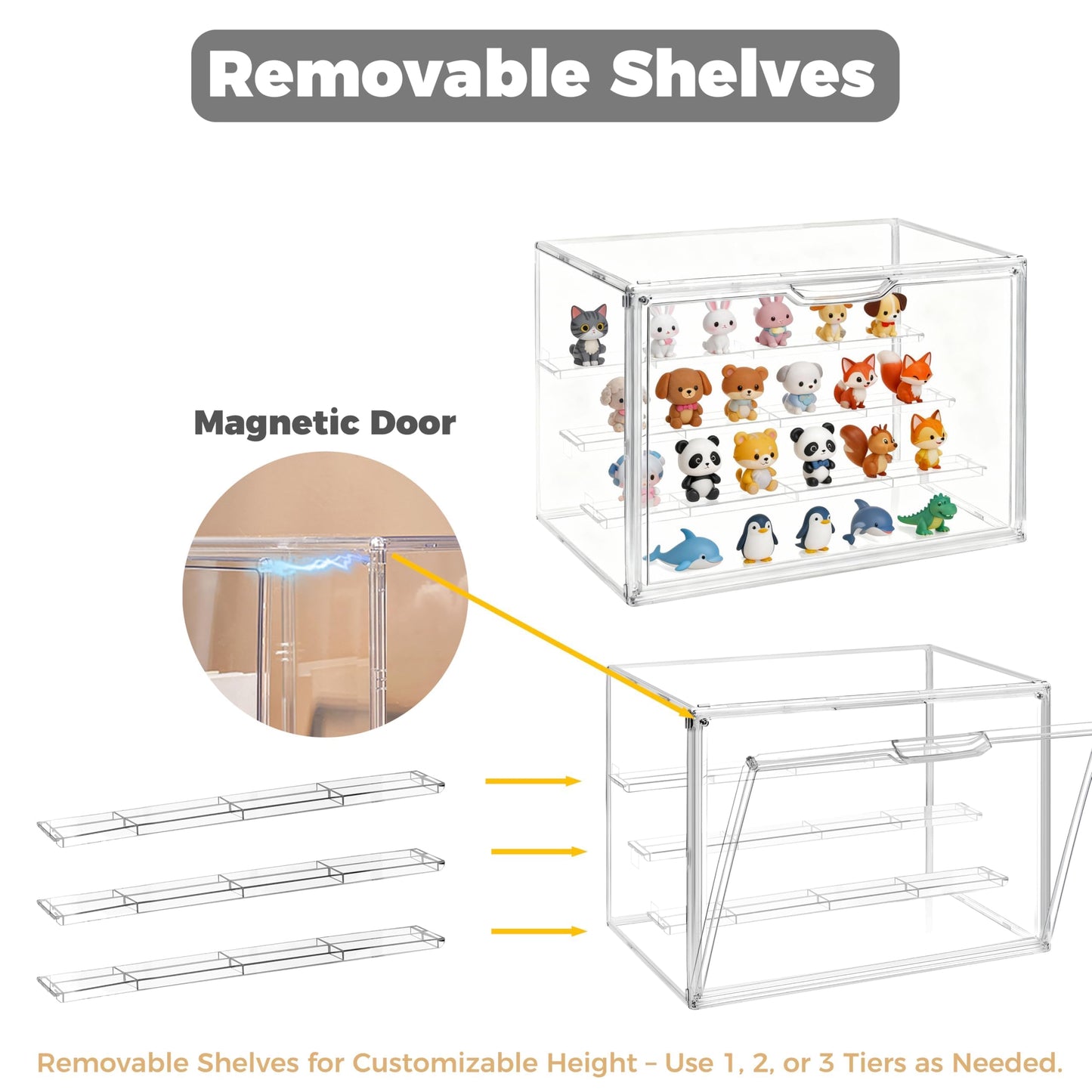 Clear Acrylic Display Case 2 Pack, Stackable 4-Tier Figure Showcase with 3 Movable Shelves, Interlocking Edges & Magnetic Door for Action Figures