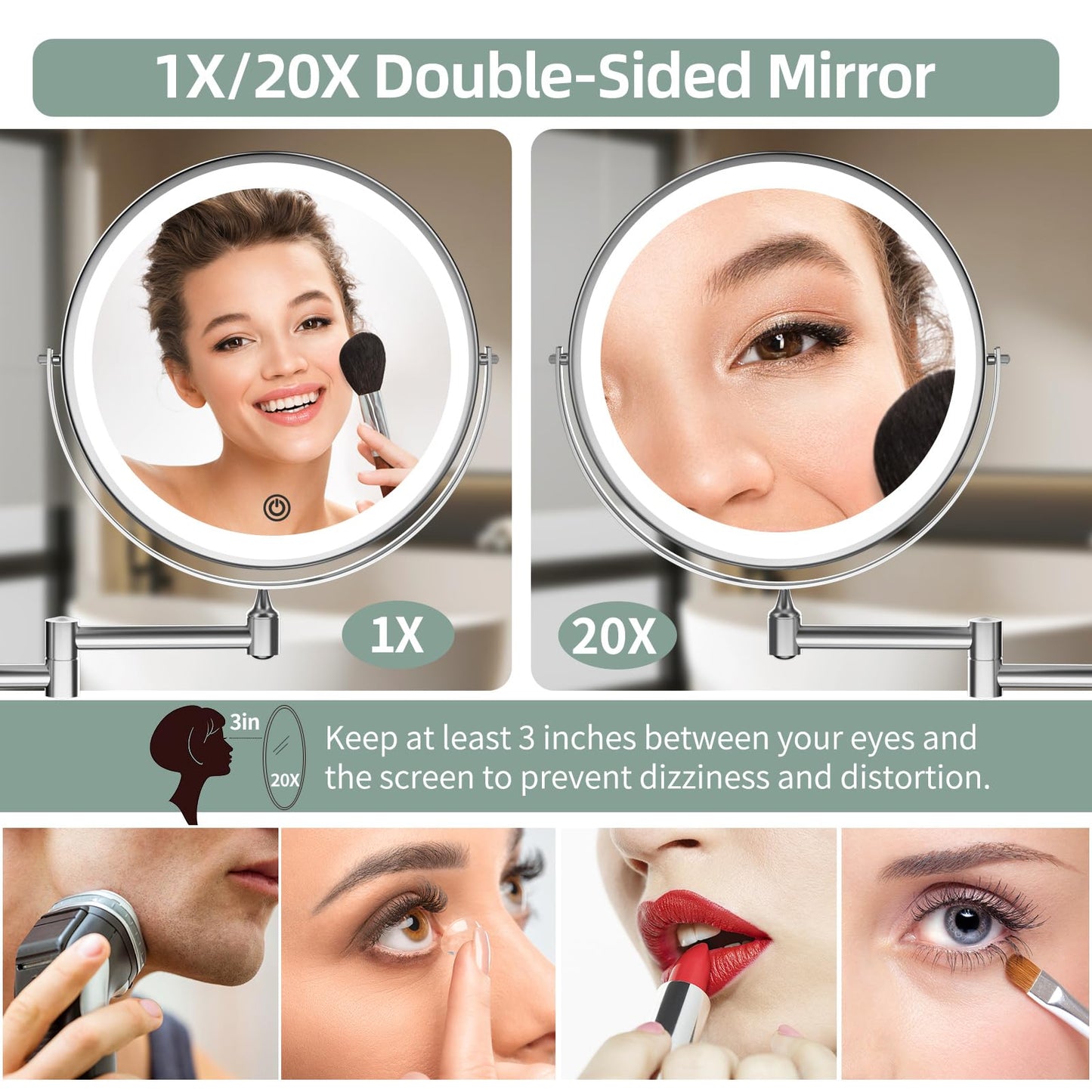 Rechargeable Wall Mounted Lighted Makeup Vanity Mirror 8 inch 1X/20X Magnifying Bathroom Mirror with 3 Color Lights, Double Sided with Dimmable LED Lights, Extended Arm 360° Swivel Extension Mirror