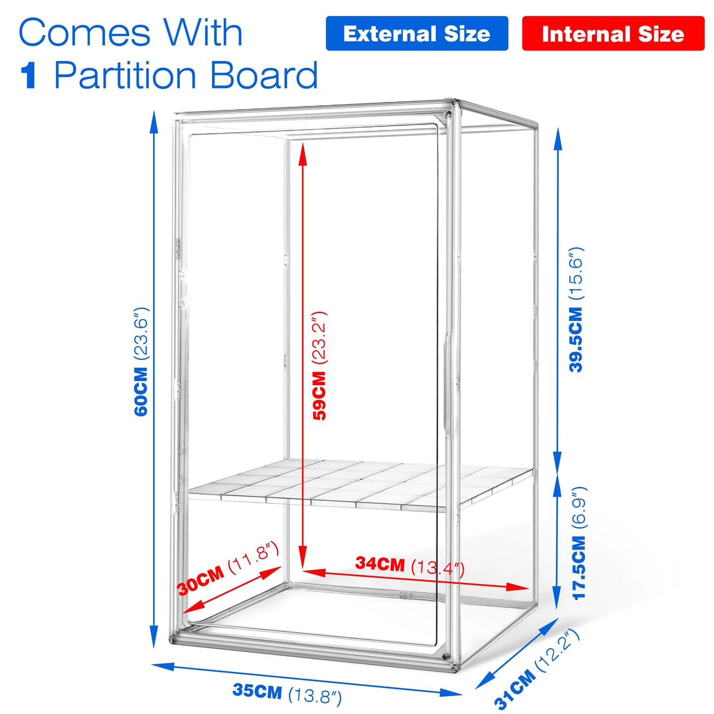 23.6'' Extra Large Acrylic Display Case for Collectibles Adjustable Clear Display Cases 13.8'' x 12.2'' x 23.6'' Big Storage Box Figures Trophy Case Boot Organizer Dustproof Showcase with a Divider