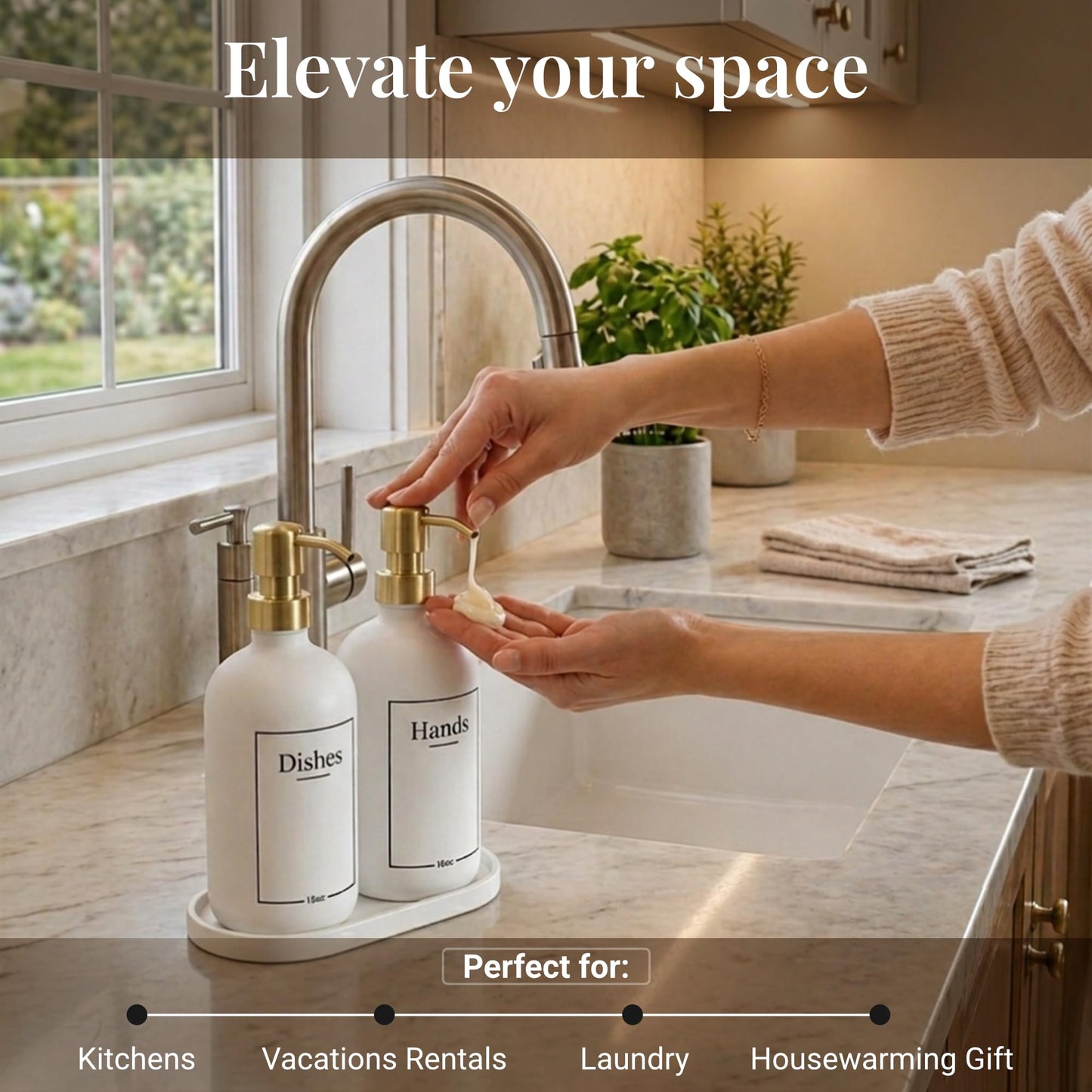 Glass Hand and Dish Soap Dispenser Set with Bamboo Tray – Kitchen Soap Dispenser Set, Gold Pumps, 16 oz, Silicone Funnel – Modern Farmhouse Kitchen Sink Decor & Accessories