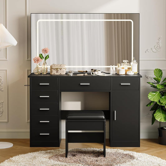GarveeTech Makeup Vanity, Vanity Desk with Large Mirror and Lights, Charging Station, 3 Lighting Modes Adjustable Brightness, Vanity Table Set with 7 Drawers, Makeup Table for Bedroom