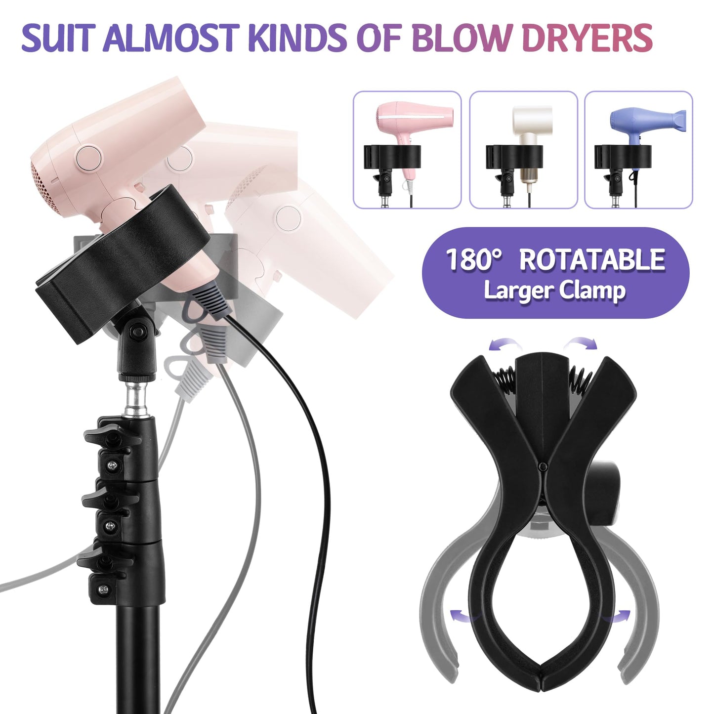 Hands-Free Hair Dryer Stand for Home Blow Drying, DIY Styling, Salon&Live Streaming Ideal for Long Hair Women Busy Moms People with Arm Shoulder Pain 30-62 Inch Adjustable Height Tripod, 360° Rotation