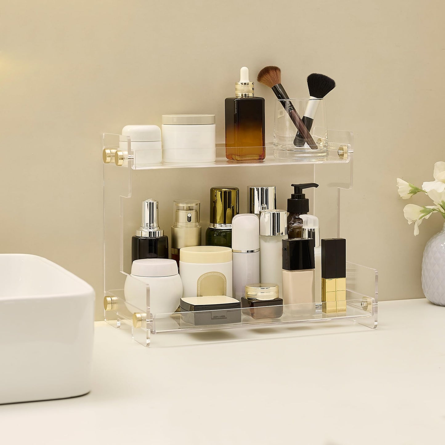 LEQ 2 Tier Bathroom Organizer Countertop Storage, Acrylic Standing Holder Cosmetic Storage Perfume Shelf for Bathroom, Bedroom, Dressing Table and Other Scenes that Need Storage