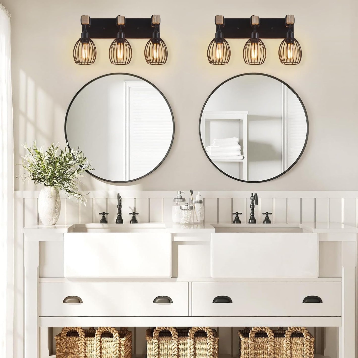 A1A9 Farmhouse Bathroom Vanity Light, 3-Light Rustic Wood Bathroom Lighting Fixtures Over Mirror, Industrial Black Vanity Lights with Elegant Teardrop Lampshade for Bedroom Living Room Hallway