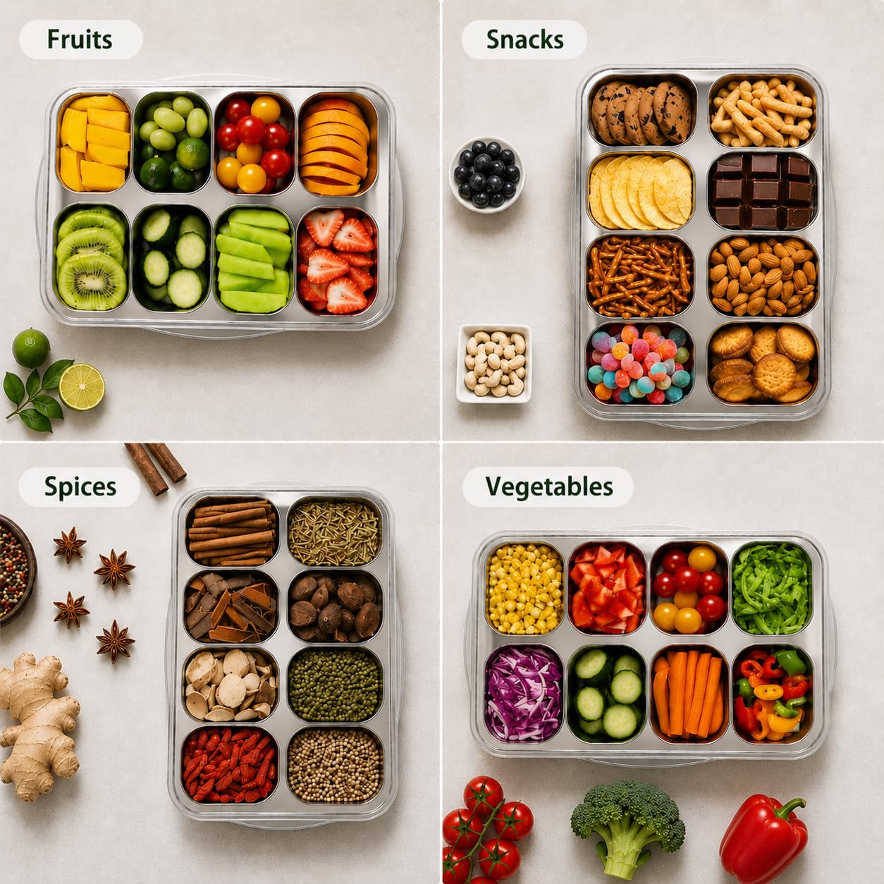 KAVRENOLIX Snackle Box Container,Stainless Steel Divided Serving Tray with Lid & Handle,8 Removable Compartments & Silicone Lids for Snacks Fruit Salad,Portable Storage Box for Picnic Travel Party