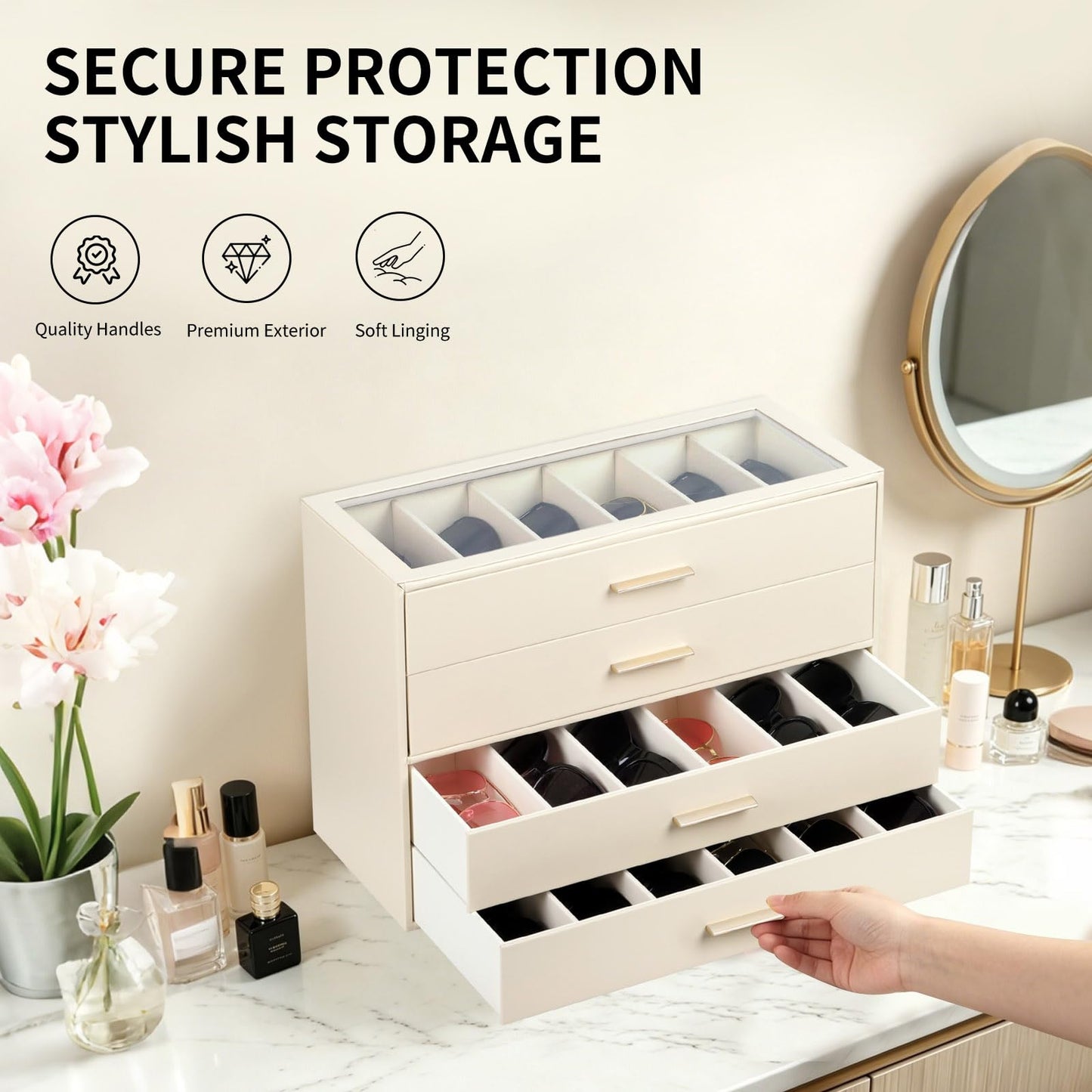 AUTORK PU Leather Sunglasses Organizer Case with Lock,4-Layer 24-Slot Eyeglass Display Box with Drawer,Glass Top Jewelry Storage Holder for Men Women,Ideal Gift for Desktop,Beige,MKAWC02