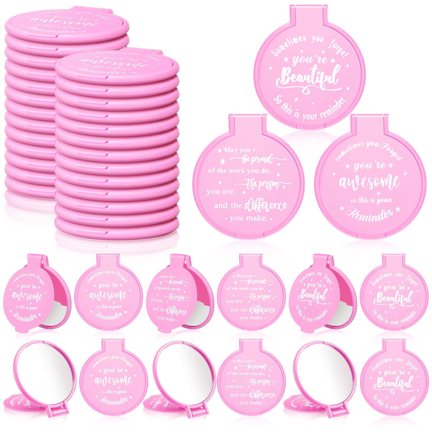 Wenqik 64 Pcs Inspirational Mini Compact Mirrors Bulk, Women Small Gifts Bulk, Group Team Party Favors, Mini Pocket Purse Mirror for Travel, Client, Guest, Wedding, Birthday, Cheerleader (Pink)