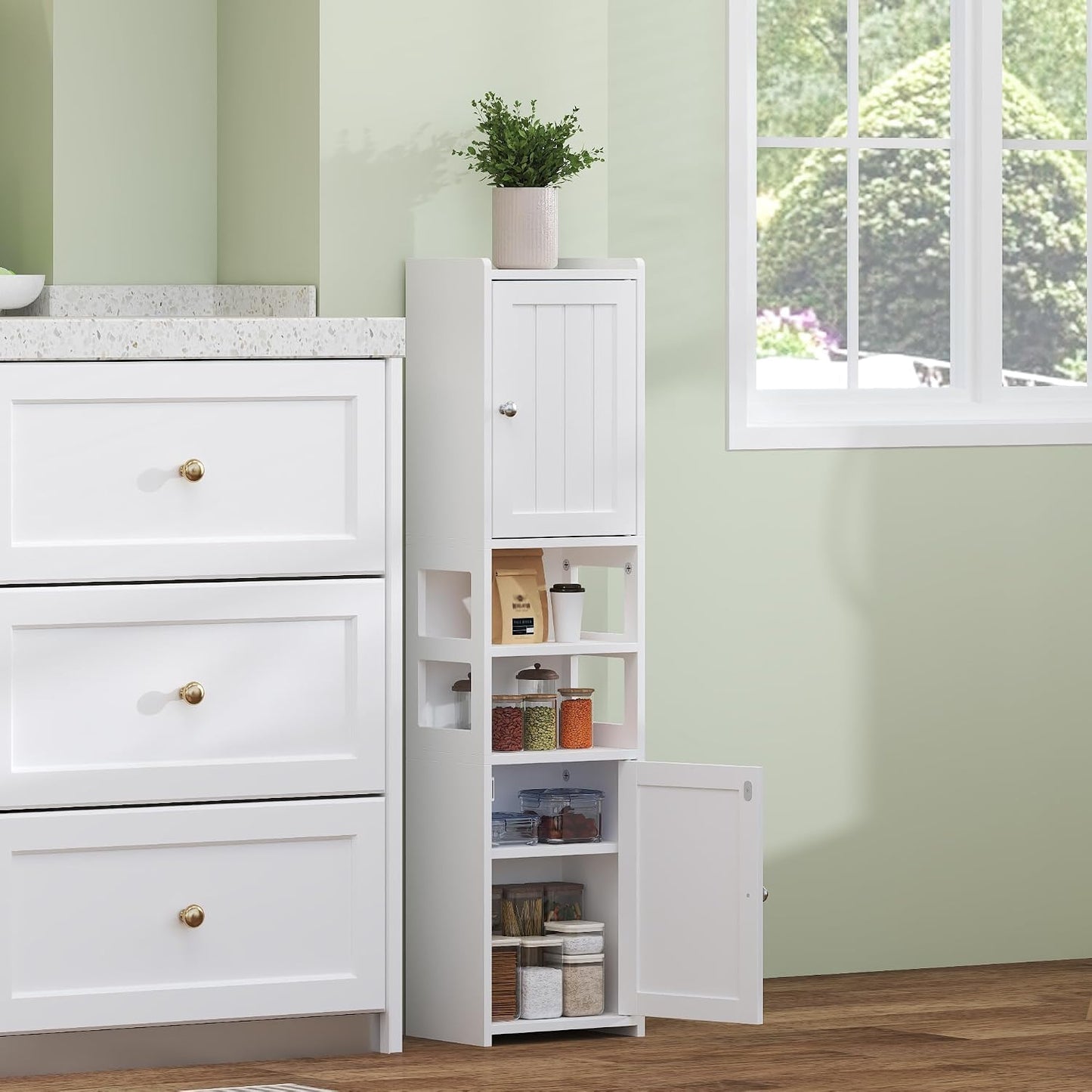 TidyHaven 39" Small Bathroom Storage Cabinet, Narrow Corner Floor Cabinet with Doors & Adjustable Shelf, Slim Skinny Design for Bathroom, Kitchen, Living Room (White)