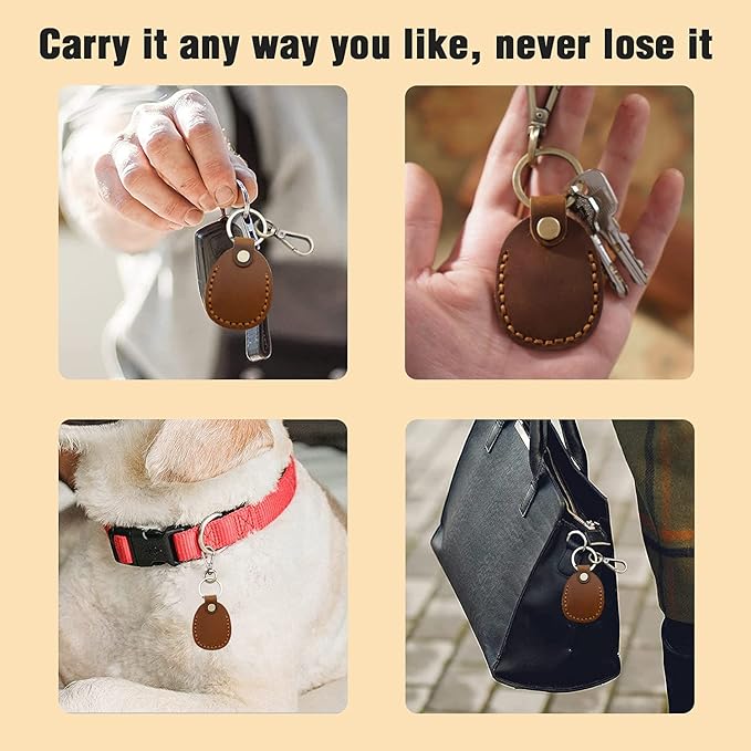 Genuine Leather Airtag Holder, Portable Air Tag Keychain with Key Rings Full Coverage Air Tags Hidden Case Cover Compatible for AirTags Dark Brown