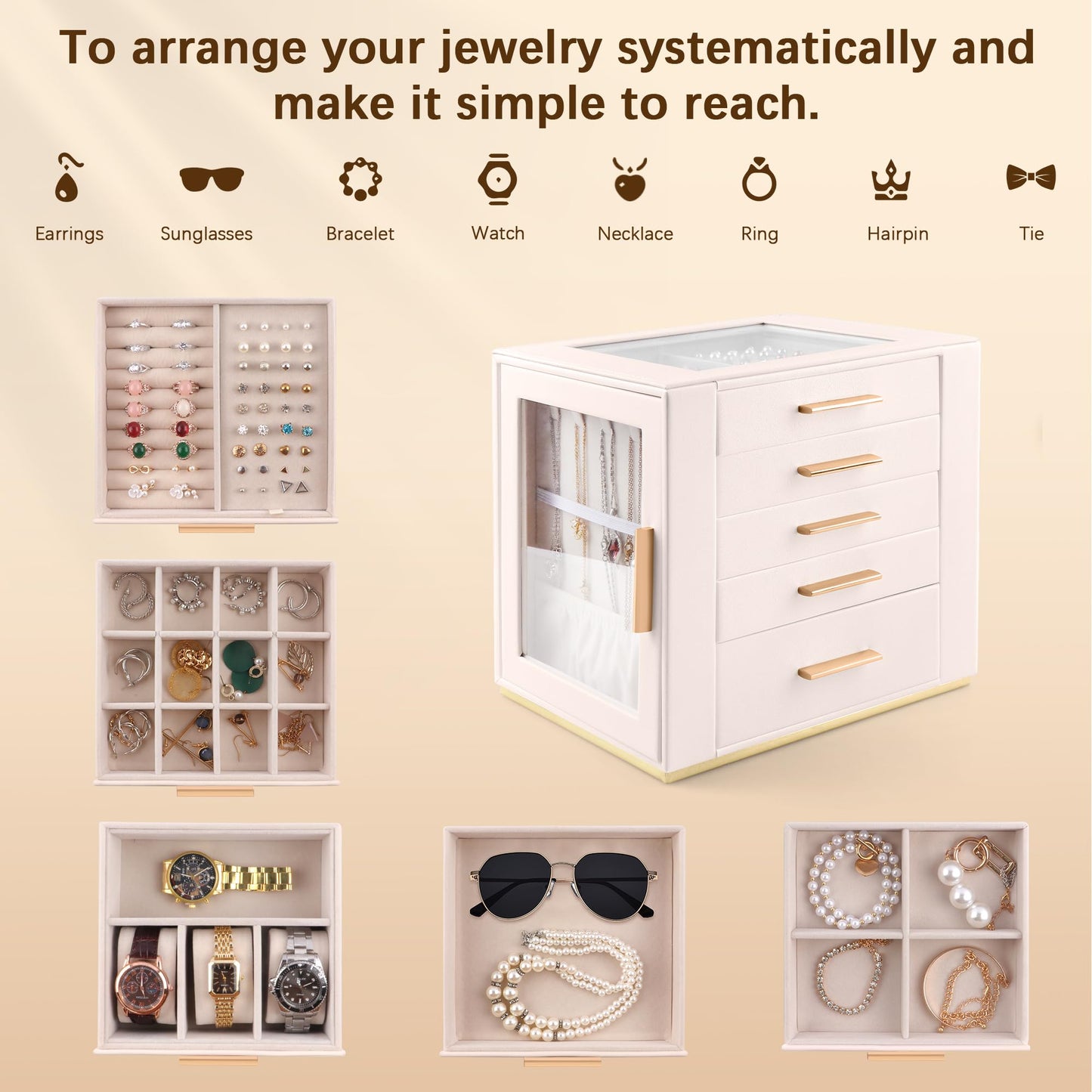 Homeanda 5-Layer Jewelry Box for Women, Glass Lid Jewelry Organizer and Storage with 5 Drawers for Necklaces, Rings, Earrings, Bracelets, Gift for Girls and Teens,PU Leather (Beige)