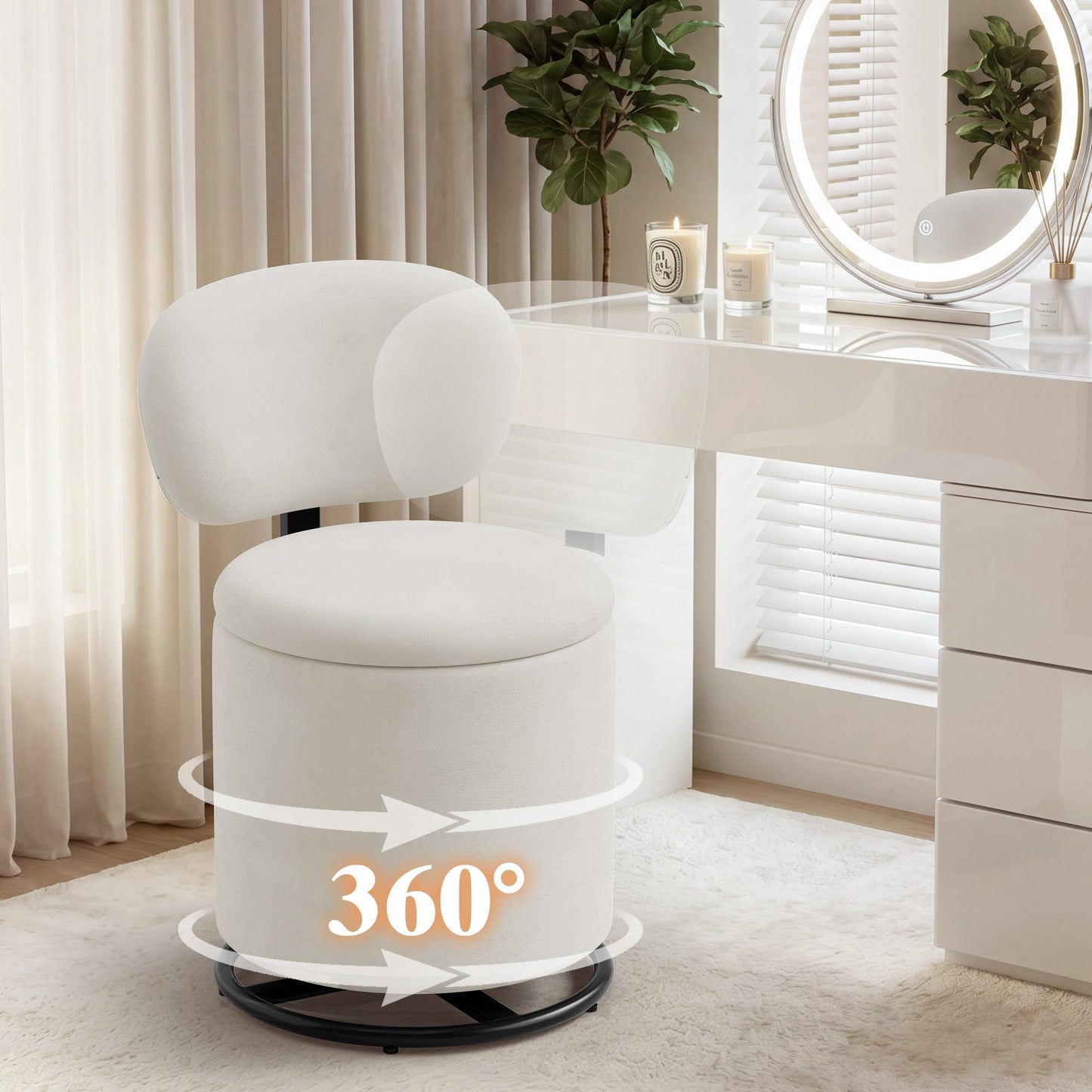 LIVELYGLOW White Velvet Swivel Vanity Chair with Storage Makeup Stool