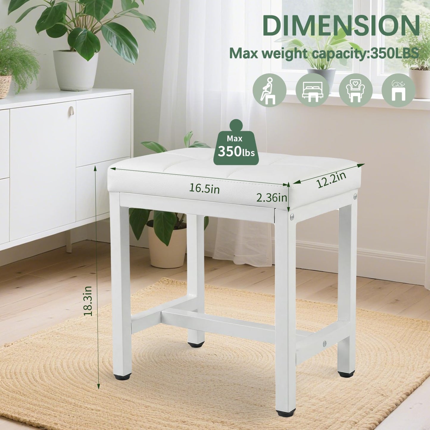 FLYZC Vanity Stool Chair, Square Faux Leather Makeup Chair with Metal Legs, Cute Small Ottoman Vanity Bench, Foot Stool Chair for Vanity for Bedroom, Living Room, Bathroom, White