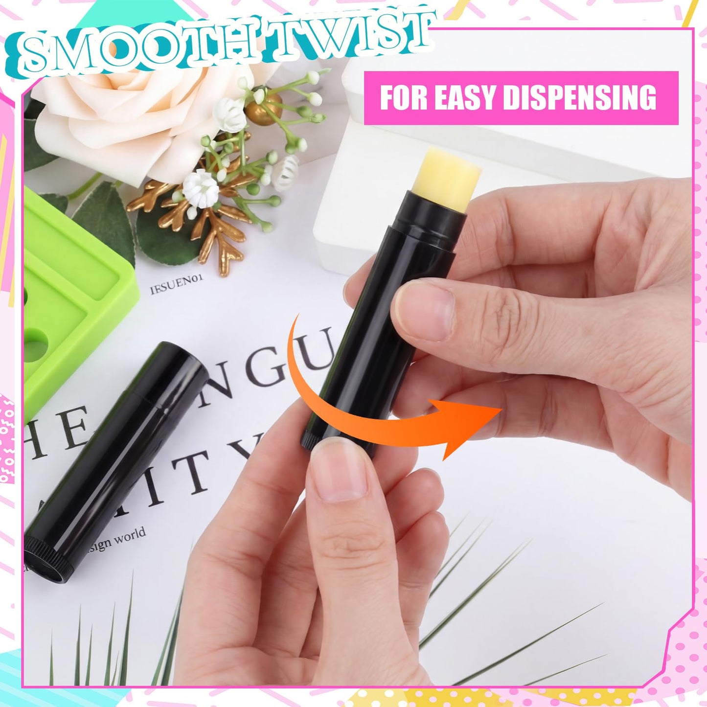 Singhoow 100 Pcs Lip Balm Tubes with 2 Filling Tray and 2 Spatula, 5 g Twist-up Lip Balm Containers with Caps for DIY Homemade Lipsticks, Solid Perfume, Gifts, Bpa Free & Leak Free (Black)