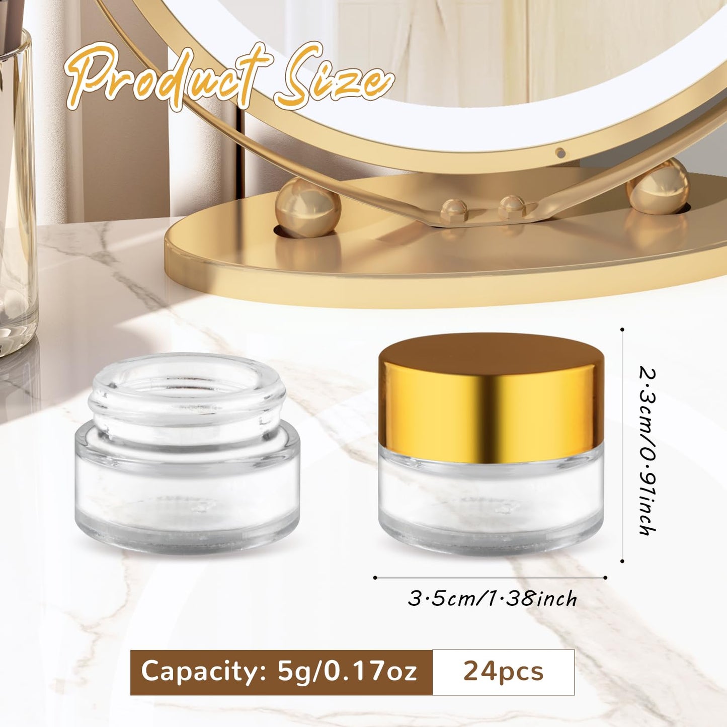 24 Pcs Clear Glass Jars Refillable Cosmetic Containers Empty Round Storage with Gold Color Lids for Eye Cream Lotion Spice Powder Liquid Sample Make Up - 5g/0.17oz