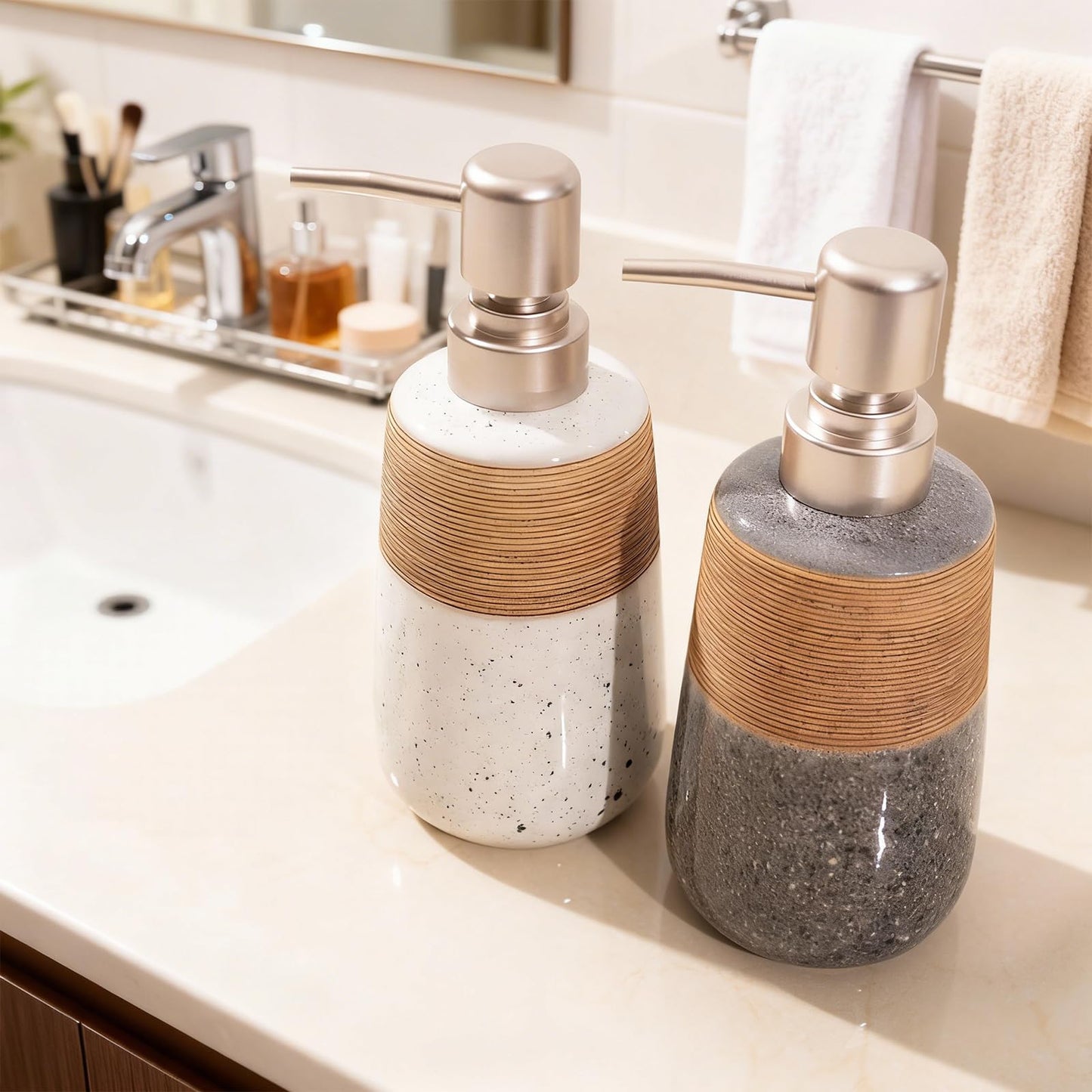 2 Pcs Ceramic Soap Dispenser Set, 15 Oz Refillable Liquid Soap Dispensers with Embossed Texture for Bathroom Countertop and Kitchen Sink, Hand Soap, Dish Soap & Lotion Bottles, Modern Home Decor