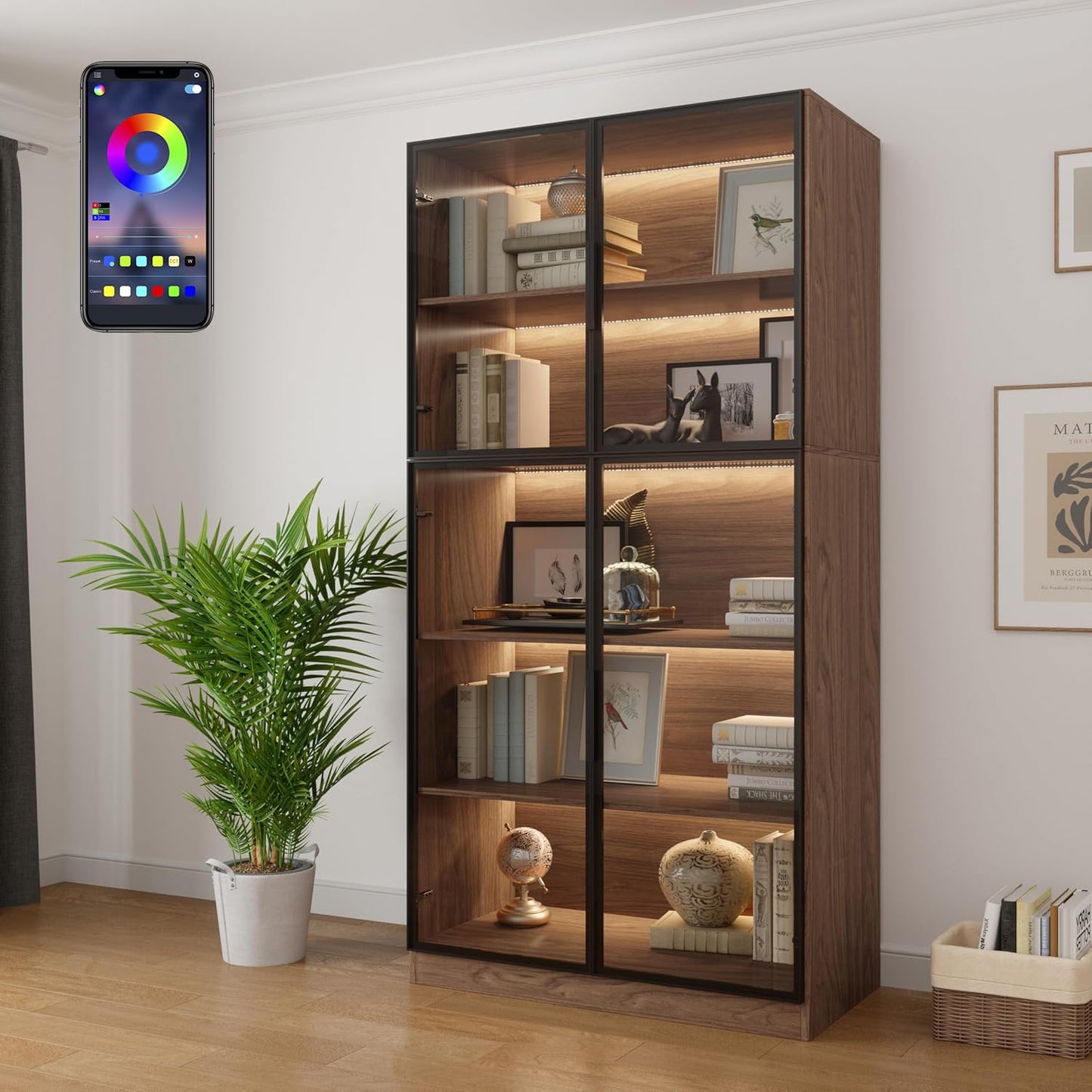 Bobve 78.7" Display Cabinet with 4 Glass Doors,5 -Tier Storage Cabinet with APP Control LED Lights,Tall Walnut Bookcase with Storage,Wooden Display Case for Collectible,Living Room,Office (Walnut)