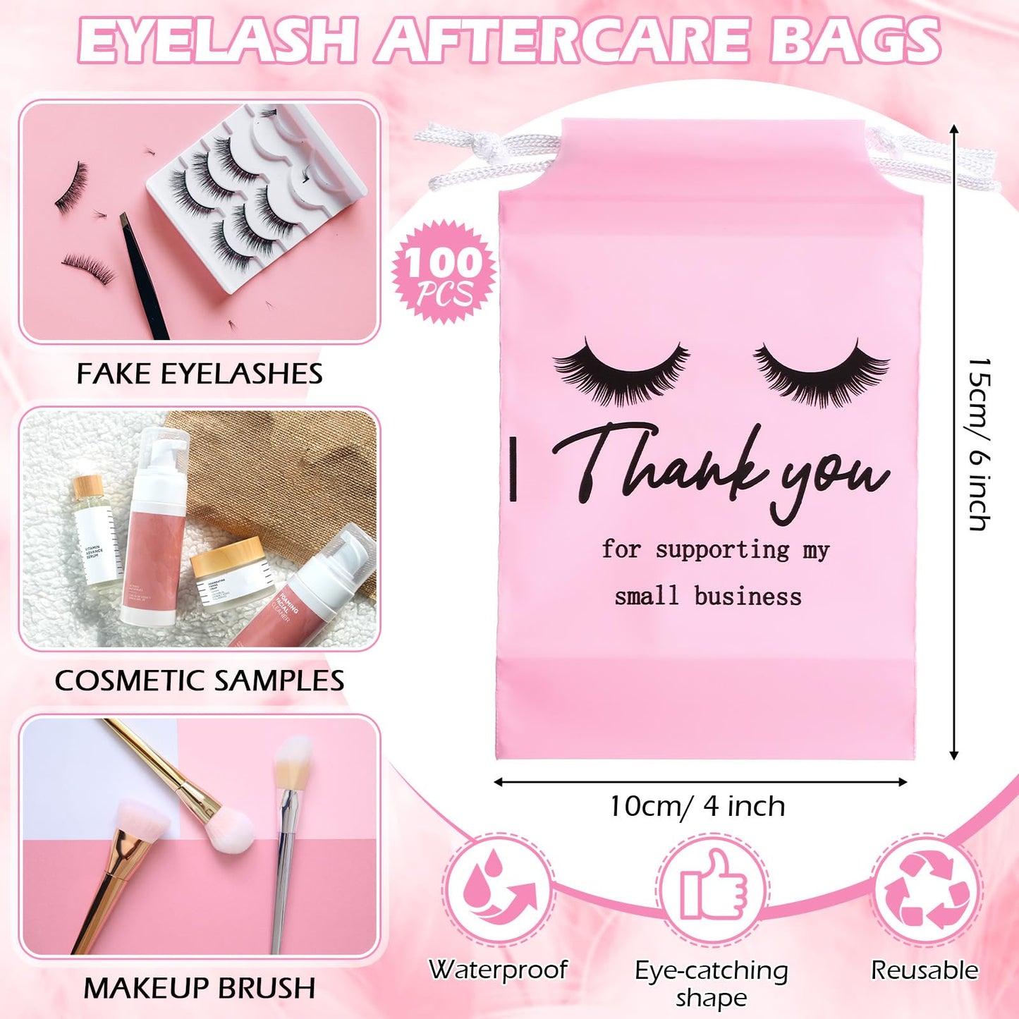 Abbylike 100 Pcs Thank You Bags for Small Business, Eyelash Aftercare Lash Bags Drawstring Makeup Pouch Eye Lash Print Cosmetic Sample Bag for Clients Women, 4x6 in(Pink)