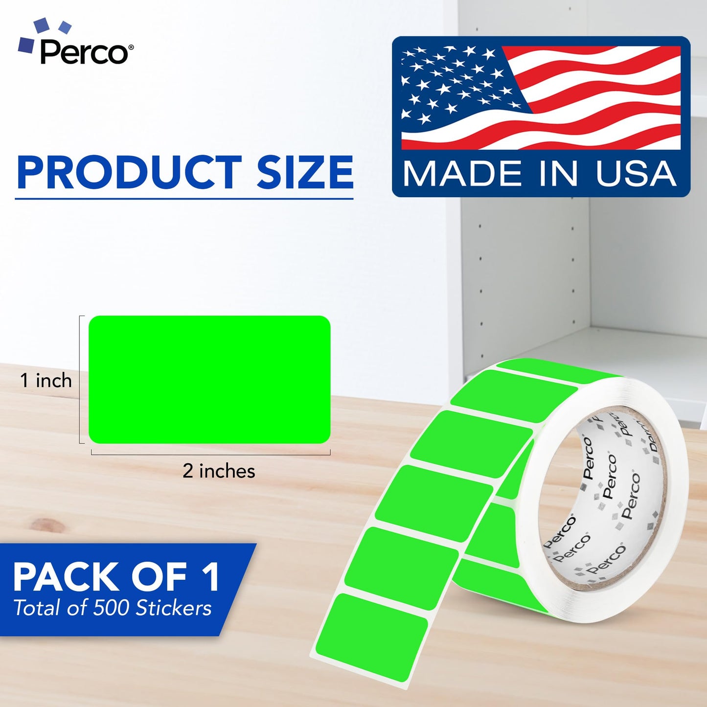 Perco Neon Green 1x2 Inch Labels with Perforation for Easy Tear-Off — 500 Stickers Per Roll — Strong Adhesion, Ready to Ship, Approved & Inventory Status Labels — Made in USA
