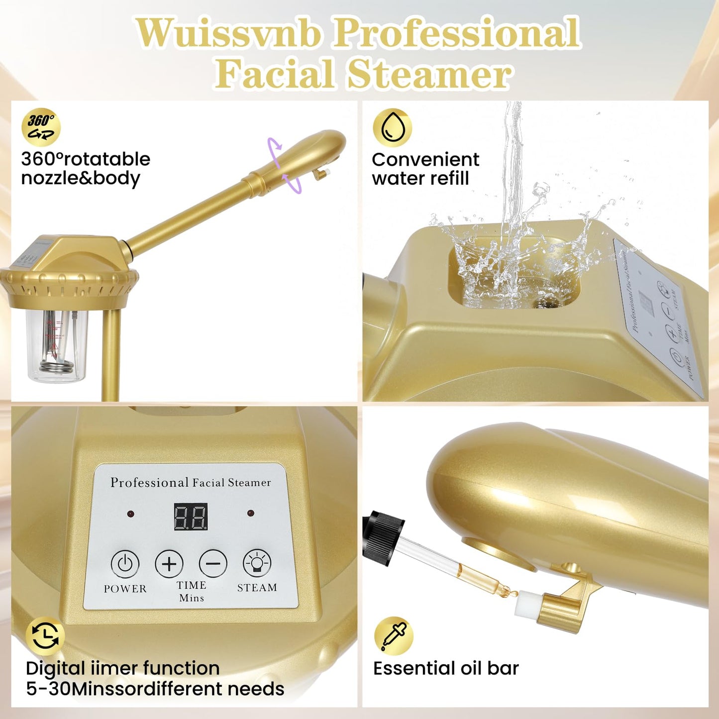 Wuissvnb Facial Steamer, Professional Facial Steamer for Estheticians, Hot Mist & Timer Function, Ozone Face Steamer on Wheels for Spa, Salon and at Home Use
