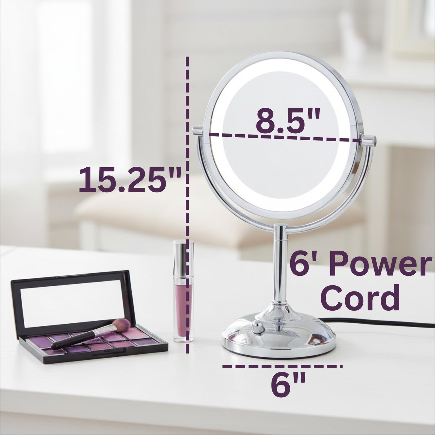JERDON Lighted Tabletop Mirror with 10X/1X Magnification - LED Lighted Makeup Mirror with Multiple Light Settings in Chrome Finish - 8.5-Inch Diameter Vanity Mirror - Model JS8510BC