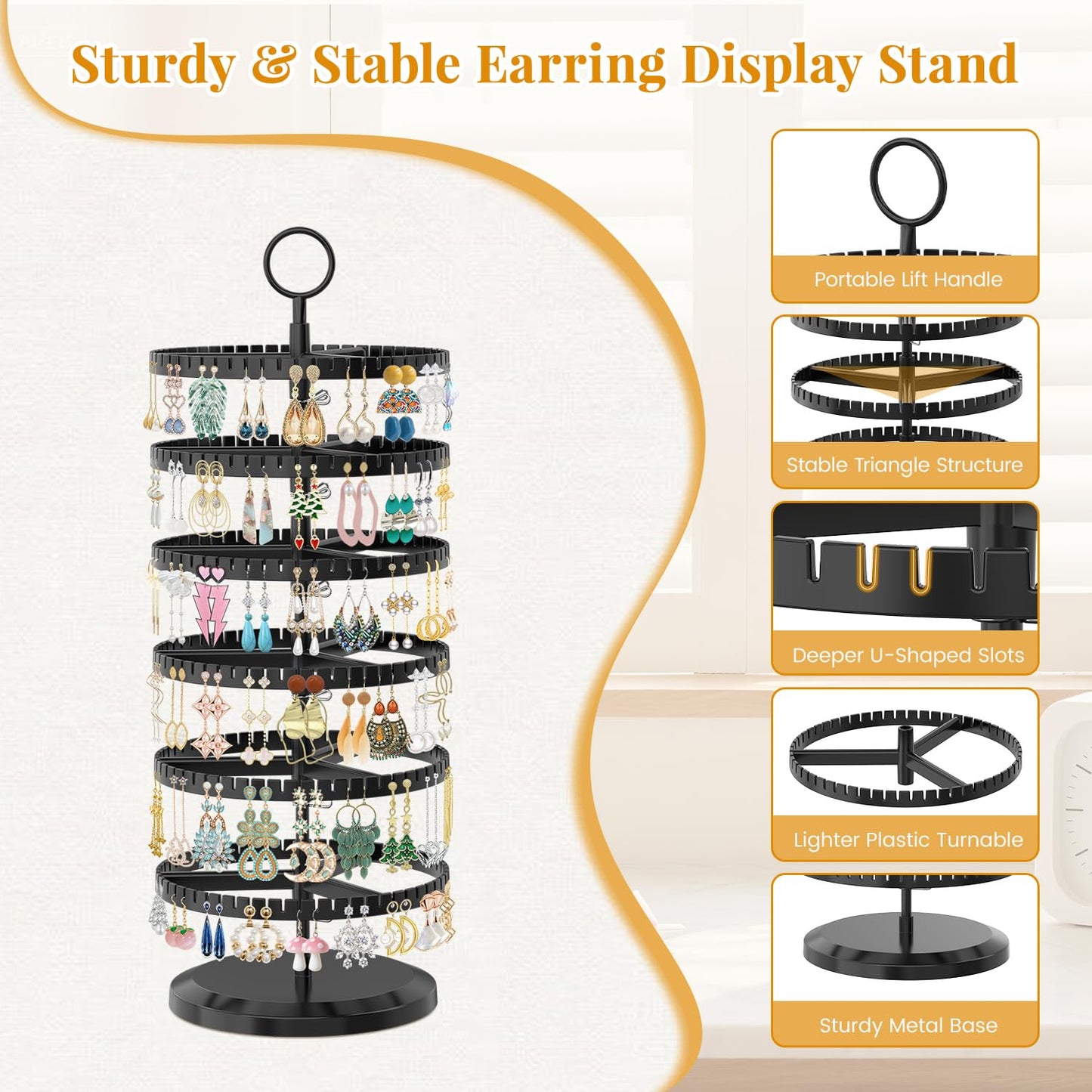 EsLuker.ly Earring Holder Organizer Rotating Stud Display Tree Rack with 342 U-Slots for Women Girls, Large Adjustable 6 Tier Plastic Storage Stand with Metal Tray for Pierced Hoop Post Earring, Black