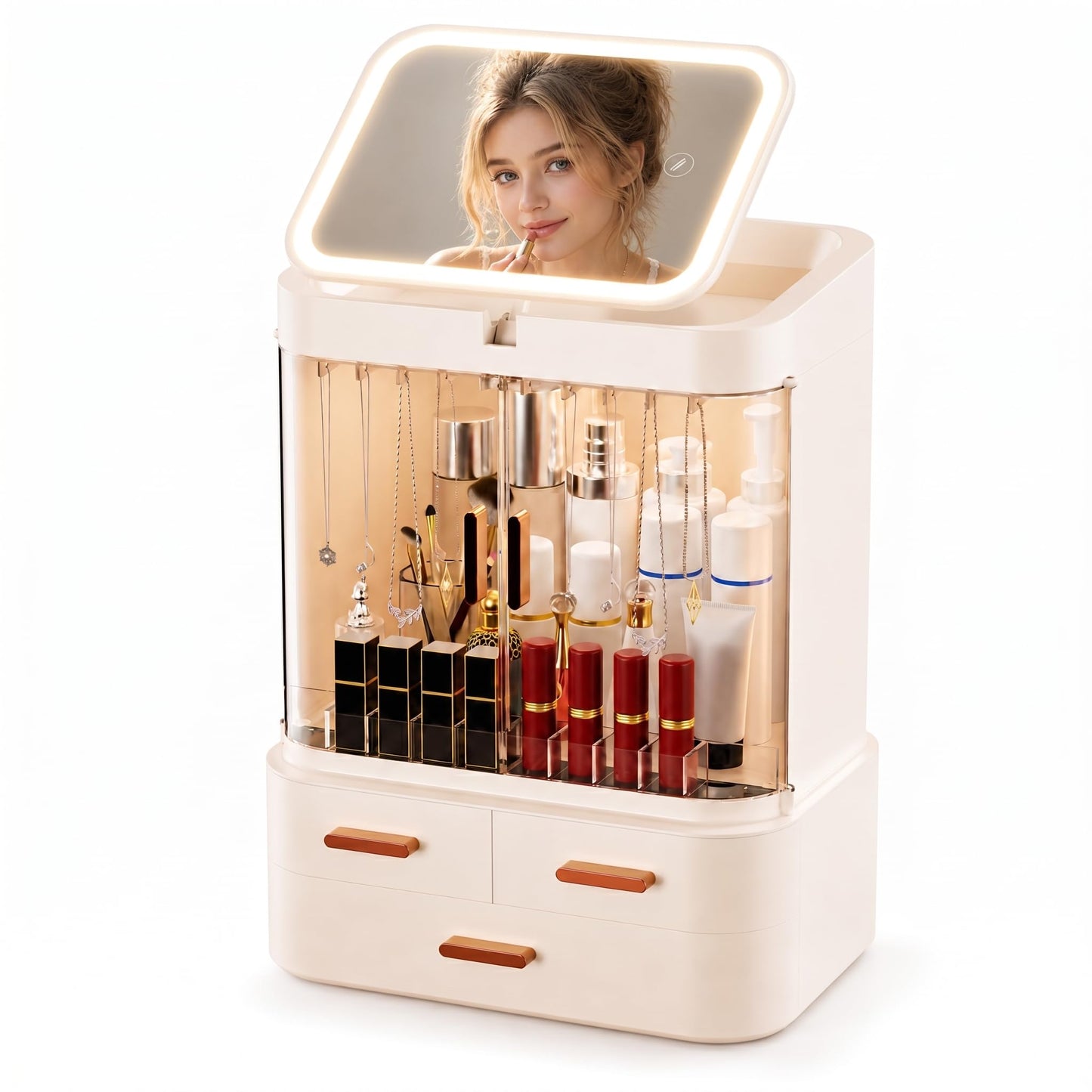 Mwykzrt Makeup Organizer with LED Mirror, Cosmetic Display Cases, Off White