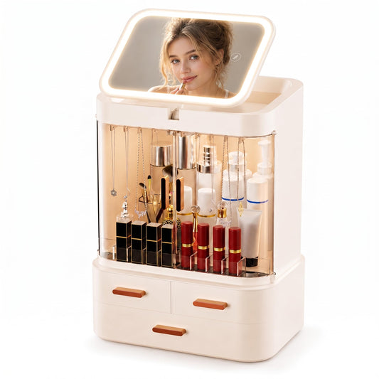 Mwykzrt Makeup Organizer with LED Mirror, Cosmetic Display Cases, Off White