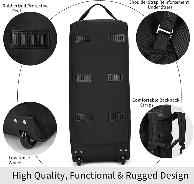 80L Waterproof Rolling Duffel Bag with Quick-Release Straps, Military Tactical Wheeled Foldable For Deployment Traveling Camping Sporting (Black)