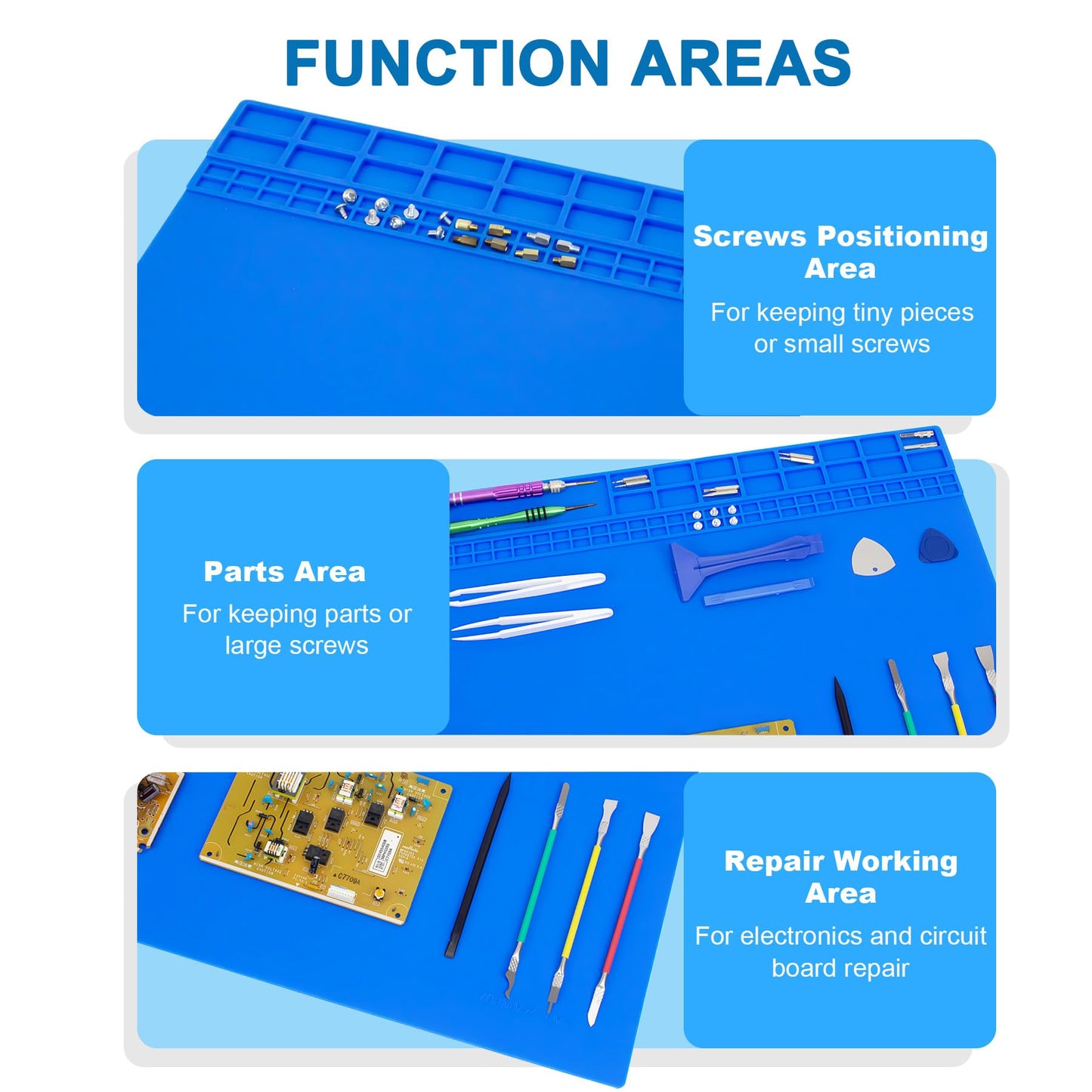27.6'' x 15.7'' Extra Large Soldering Mat with ESD Wrist Strap and Grounding Accessories 932°F Heat Resistant Silicone Repair Mat Oversized Work Mat for Electronics Cellphone Laptop Repair (Blue)