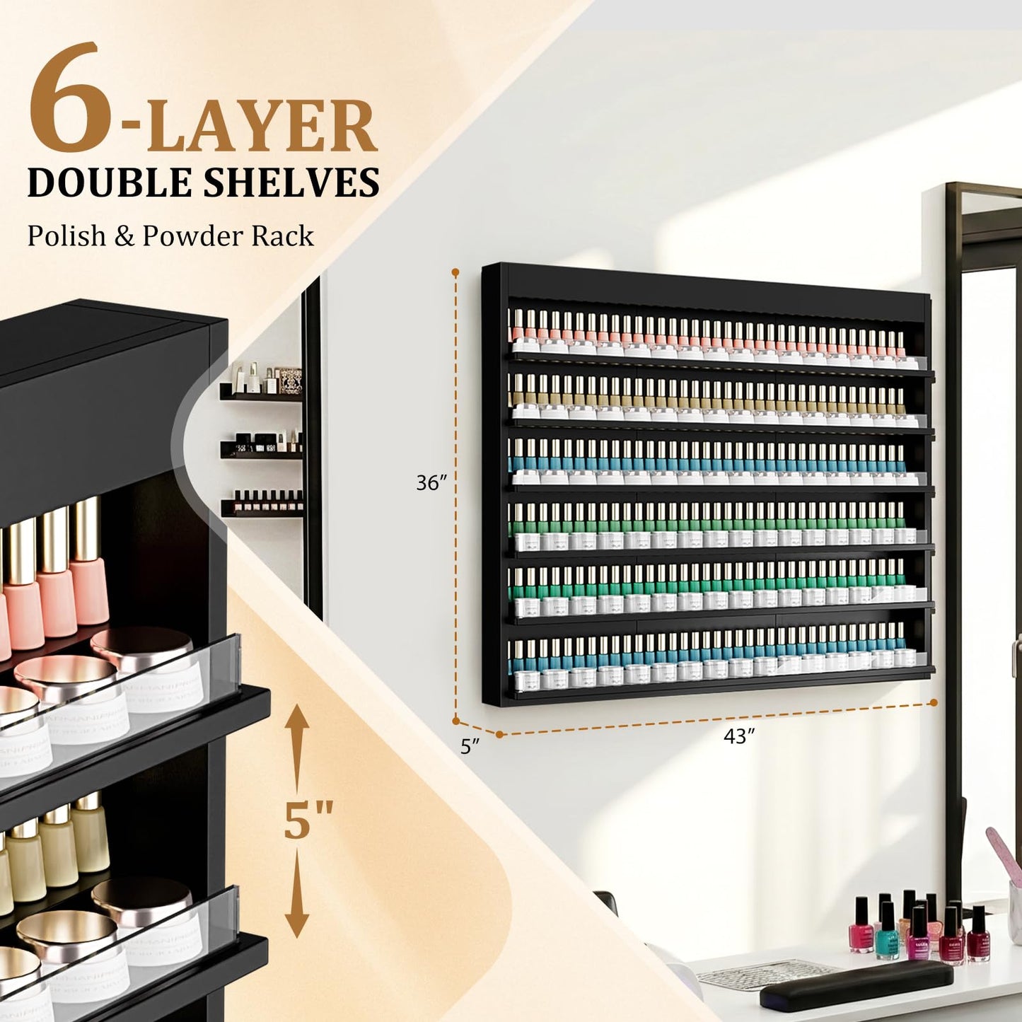 OmySalon Powder & Polish Rack - 6-Tier Double Nail Polish Organizer Wall-Mounted Salon Display Rack with Acrylic Barrier for Nail Salon Spa Home Beauty Studios (Black)