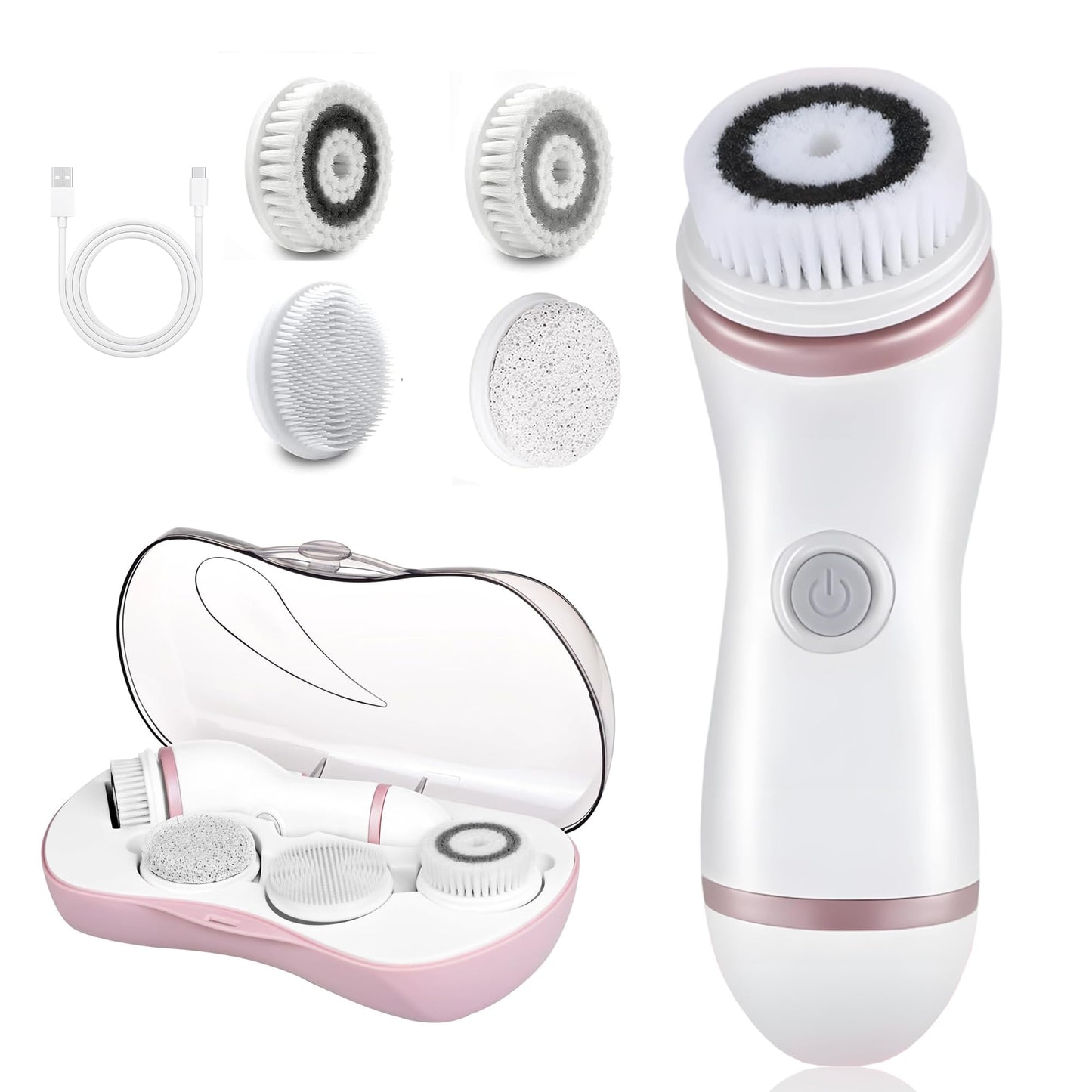 Facial Cleansing Brush, 4 in 1 Electric Face Scrubber with Travel Case and 4 Brush Heads, Waterproof Facial Cleansing Spin Brush for Gentle Exfoliation and Deep Cleaning (Pink)