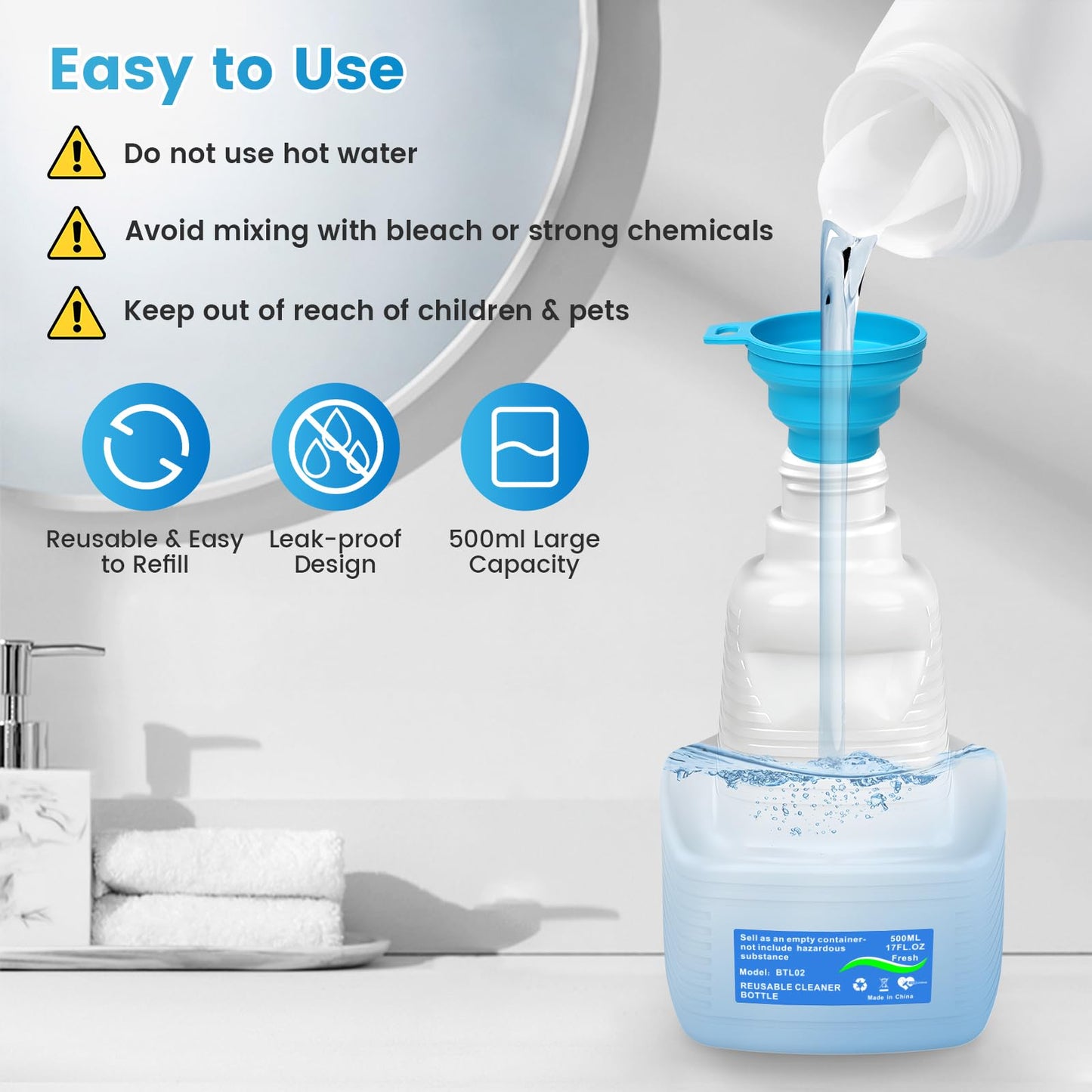 1 Pack Refillable Bottle for Swiffer Wet Jet Mop - 500ML Leak-Proof HDPE Empty Cleaner Solution Bottle with 5 Silicone Gaskets & 1 Funnel Wood Care & Pet Safe, Eco-Friendly