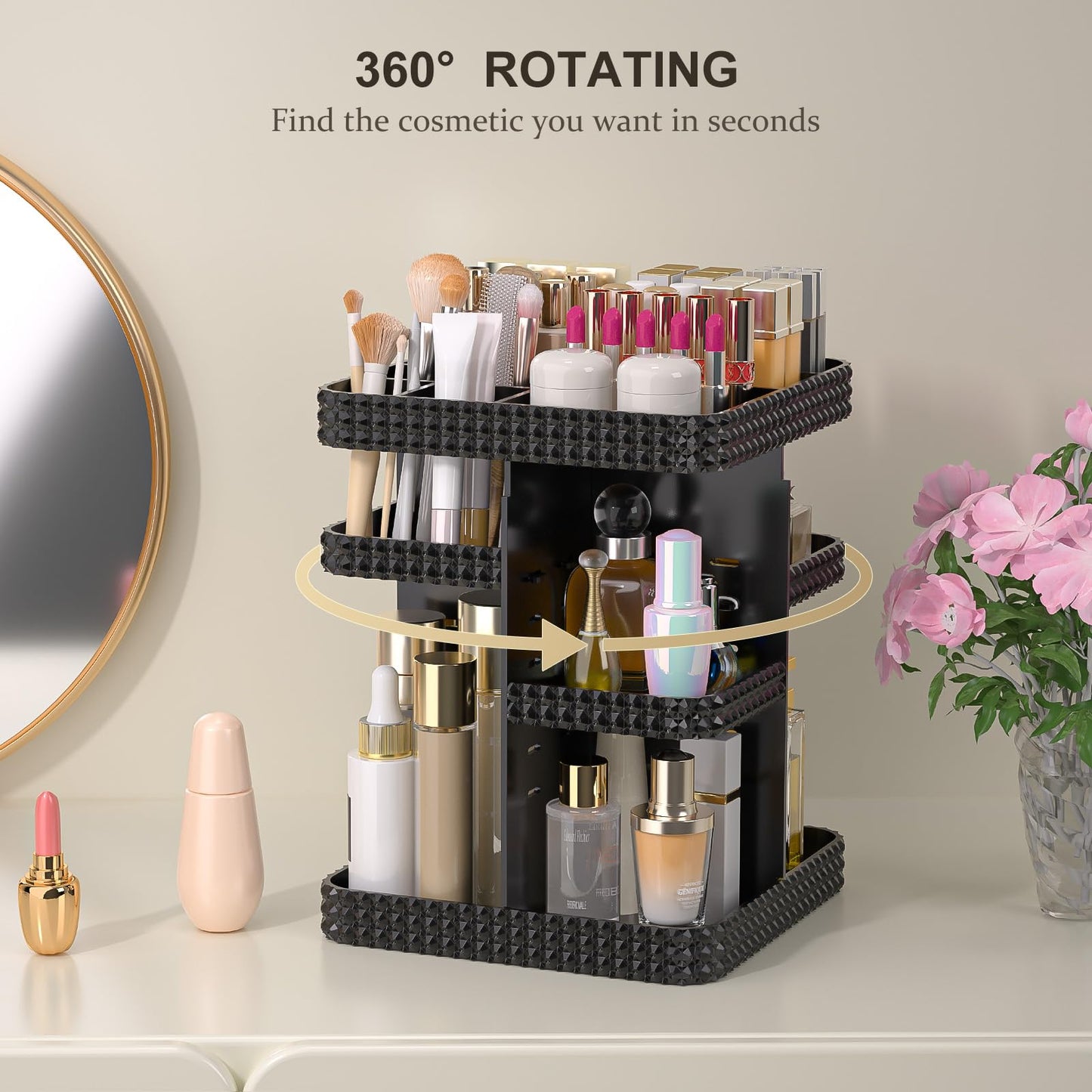HEMTROY Rotating Makeup Organizer with Makeup Brush Holder,Large Capacity Perfume Organizer for Vanity Countertop,Acrylic Skincare Organizers Spinning Holder Storage Rack (Black)