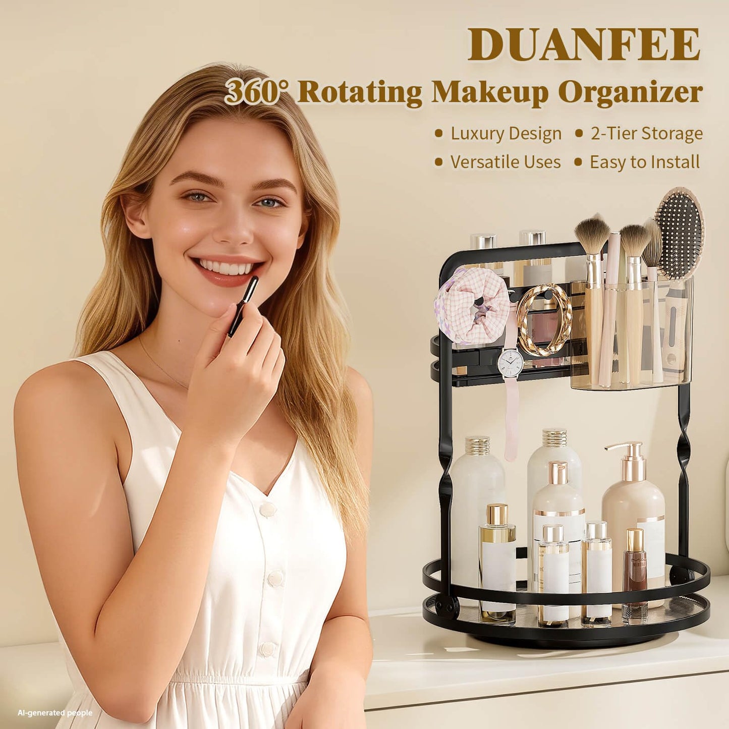 DUANFEE 360 Rotating Makeup Organizer, 2-Tier Black Perfume Organizer for Dresser, Bathroom Counter Organizer, Lazy Susan Vanity Tray Spinning Skincare Storage with Jewelry Hooks & Makeup Brush Holder