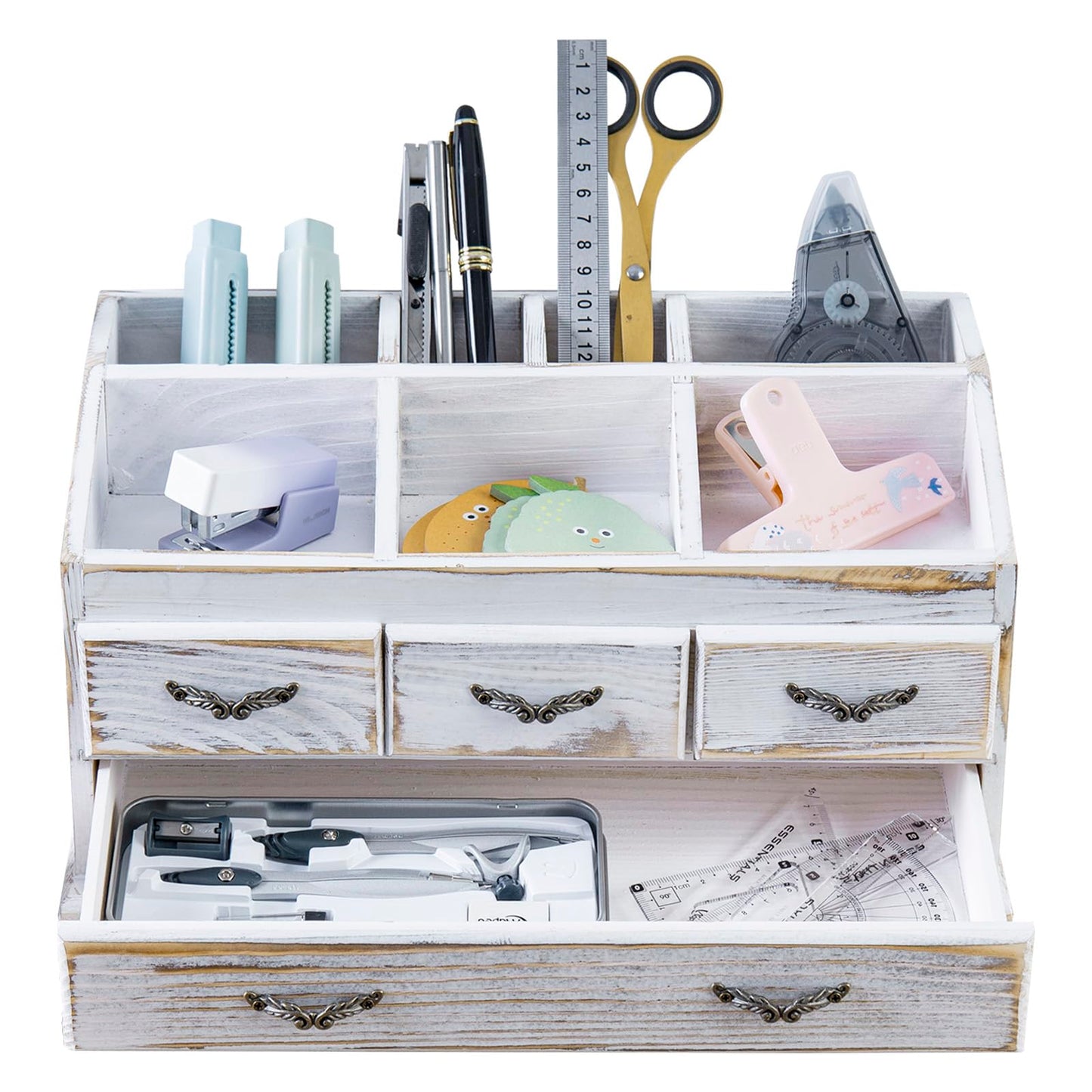 MyGift 7-Compartment Shabby Whitewashed Solid Wood Jewelry/Cosmetics Vanity Organizer Rack with 4 Vintage Storage Drawers