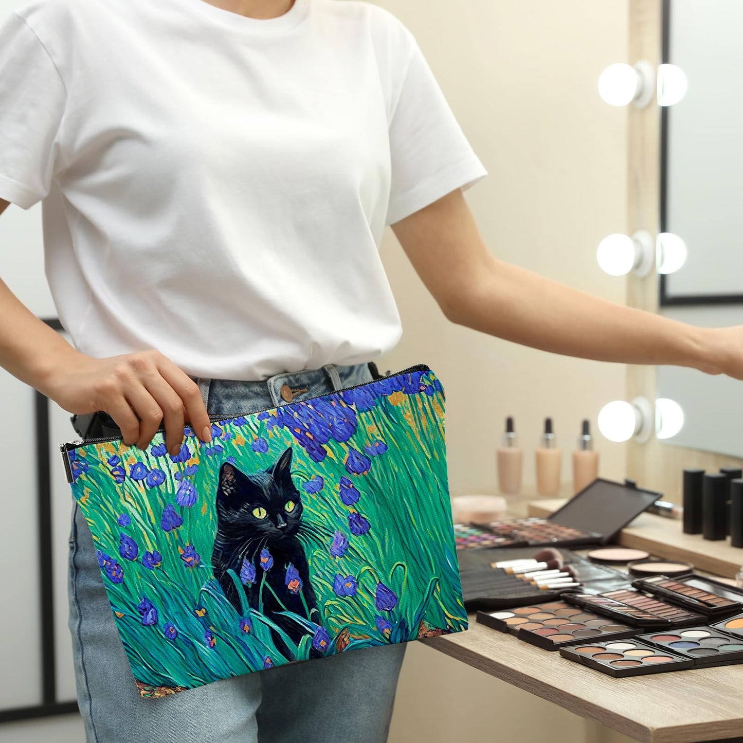 CHENGU 6 Pcs Cat Makeup Bag Black Cat Lover Gifts Cat Cosmetic Bags Funny Cool Black Cat Canvas Toiletry Bags with Zipper Portable Cat Mom Gifts Cat Owners Birthday Gifts For Teen Girls Women