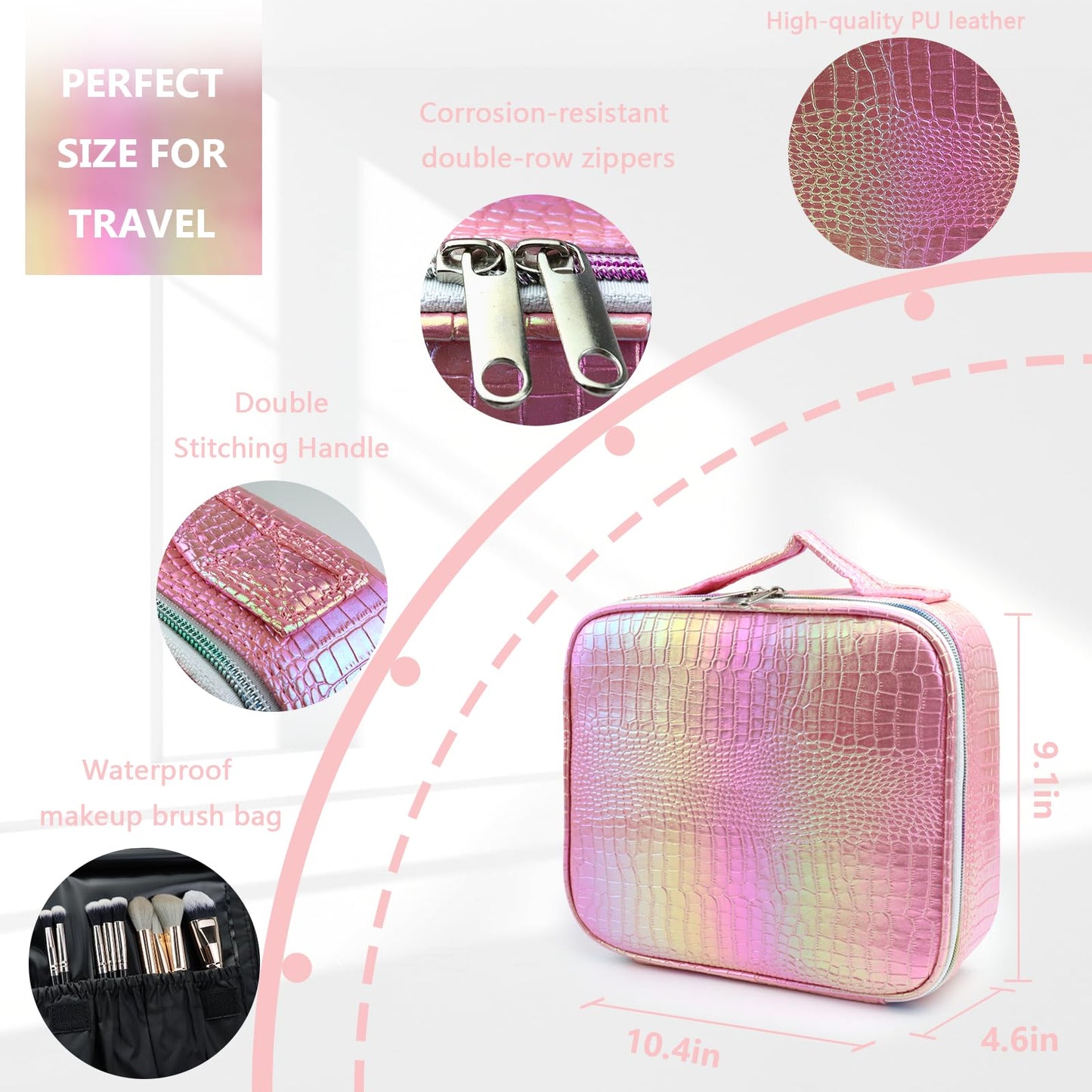 MORMID Travel Makeup Case 3 Layers Portable Makeup Train Case Cosmetic Bag Organizer Storage for Women with Adjustable Dividers and Shoulder Strap for Toiletry Travel Accessories(pink)