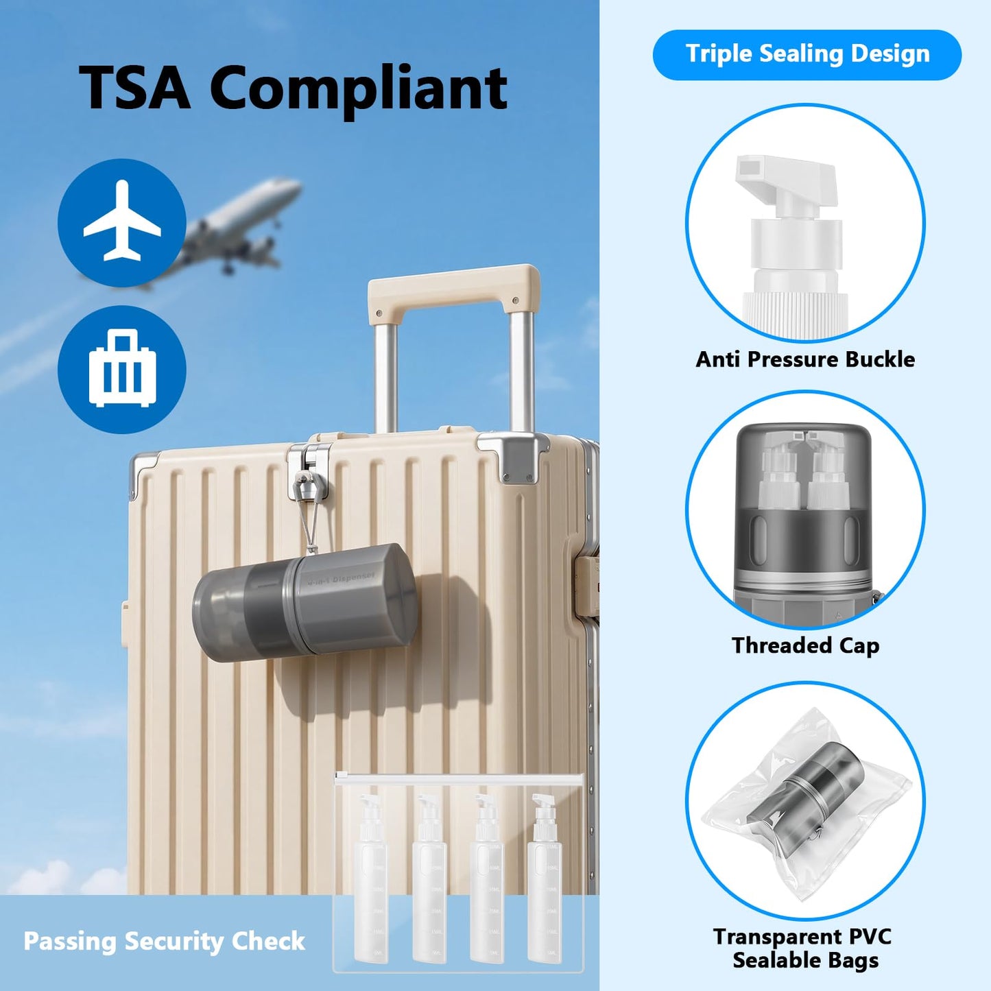 Kkluno 4 in 1 Travel Dispenser Bottles, TSA Approved Leak Proof Refillable Toiletry Containers with Vacuum Suction Cup for Smooth Walls, Portable Empty Bottle Set for Shampoo Conditioner Body Wash