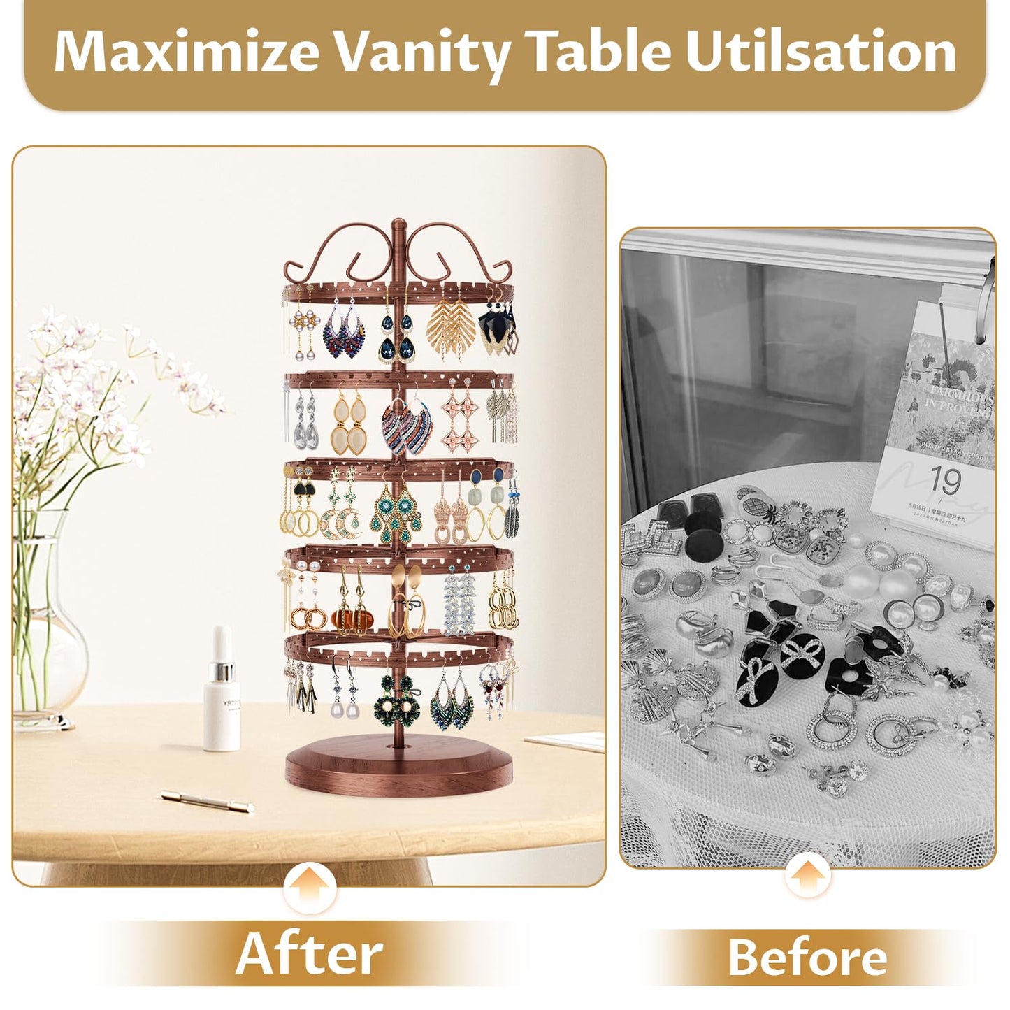 LASZOLA 5 Tier Bronze Earring Holder Organizer Tree Women Display Storage for Stud and Hoop, Large Cool Rotating Clip Stand for Pierced and Dangle Earring, Vertical Metal Tower Carousel with 400 Holes