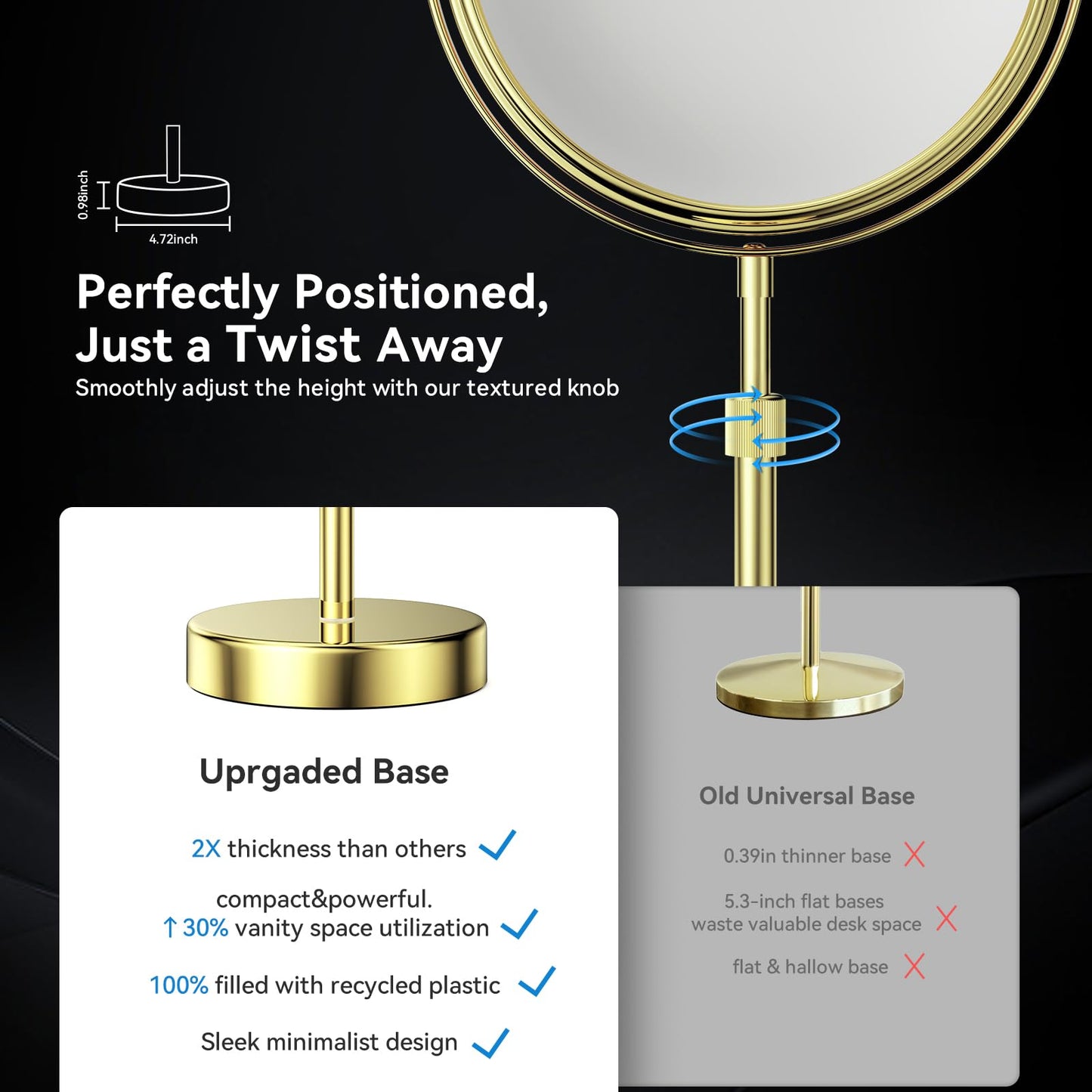 Nicesail Height Adjustable 15~19” Tall Table Mirror, 1X 10X Magnifying Mirror Double Sided for Makeup&Shaving, Desk Vanity Mirror Tabletop 360 Rotation of 8” Face, Bathroom Shiny Gold Makeup Mirror