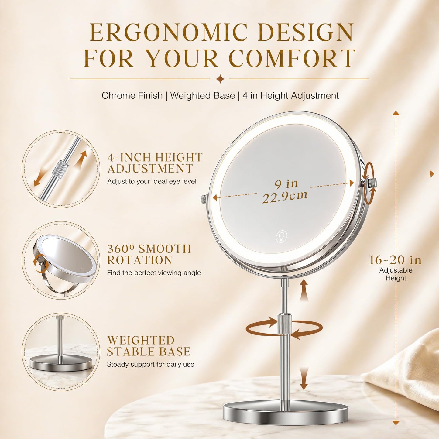 Professional 9" Lighted Makeup Mirror with Magnification, 1X/20X Double-Sided Vanity Mirror, 3600 Lux Ultra-Bright 80 LED, 5000mAh Rechargeable, 3 Color Mode, Stepless Dimming, Chrome Finish, Gift Box