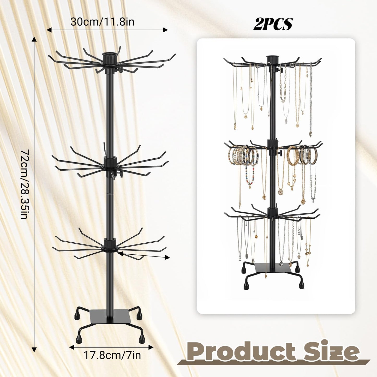 IMengjbang 2 Pack 3 Tiers Rotating Jewelry Display Stand with Hooks, Black Adjustable Height Metal Earrings Stand for Jewelry Necklace Earrings Keyring Socking Hats Keychain Display Stand