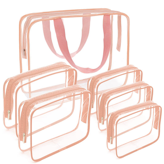 APREUTY Clear Makeup Bags, TSA Approved 6 Pcs Cosmetic Makeup Bags Set Clear PVC with Zipper Handle Portable Travel Luggage Pouch Airport Airline Vacation Organization (Pink)