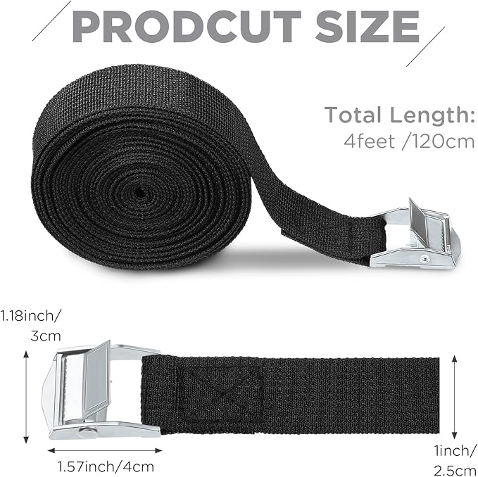 Riakrum 15 Pack 4 Feet Lashing Straps Adjustable Kayaks Tie Down Cam Buckle Straps with Buckles up to 250lbs for Cargo, Luggage, Motorcycles, Truck, Car Roof Rack, Sup Surfboard(Black)
