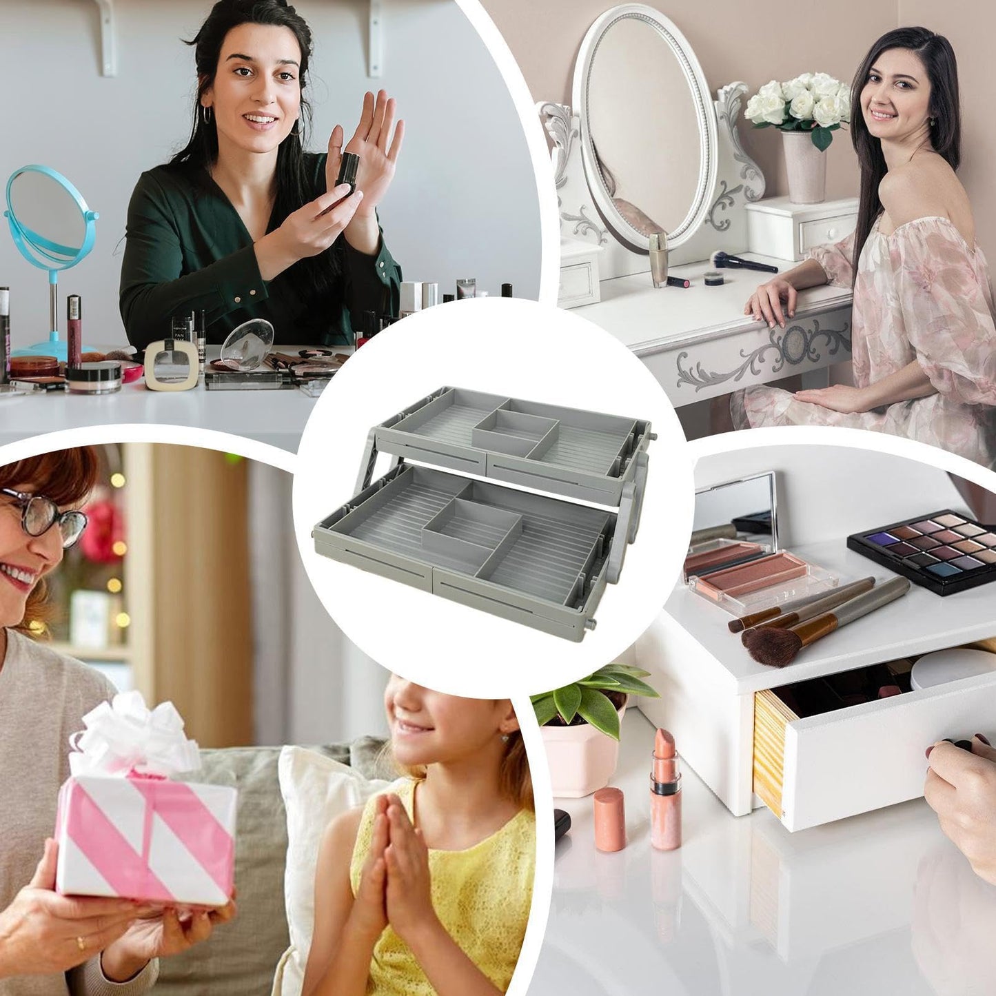 2 Tier Folding Junk Drawer Organizer - 2 Drawer Storage Organizer | Expandable Drawer Organizer | Nightstand Vanity Desk Jewelry Cosmetic Divider | Foldable Makeup Desk Storage Holder